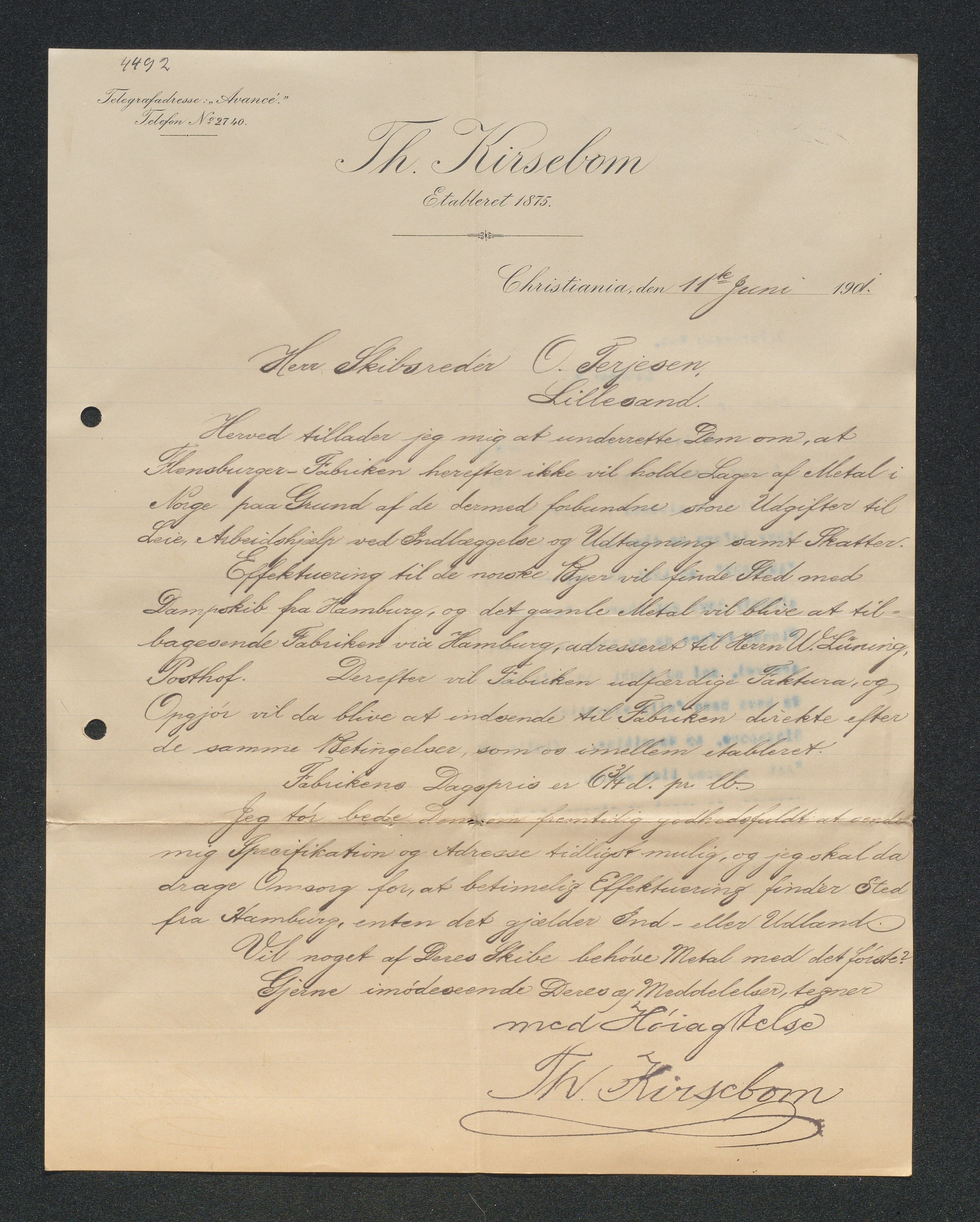 O. Terjesens rederi, AAKS/PA-2525/E/E01/L0009: Korrespondanse, 1901