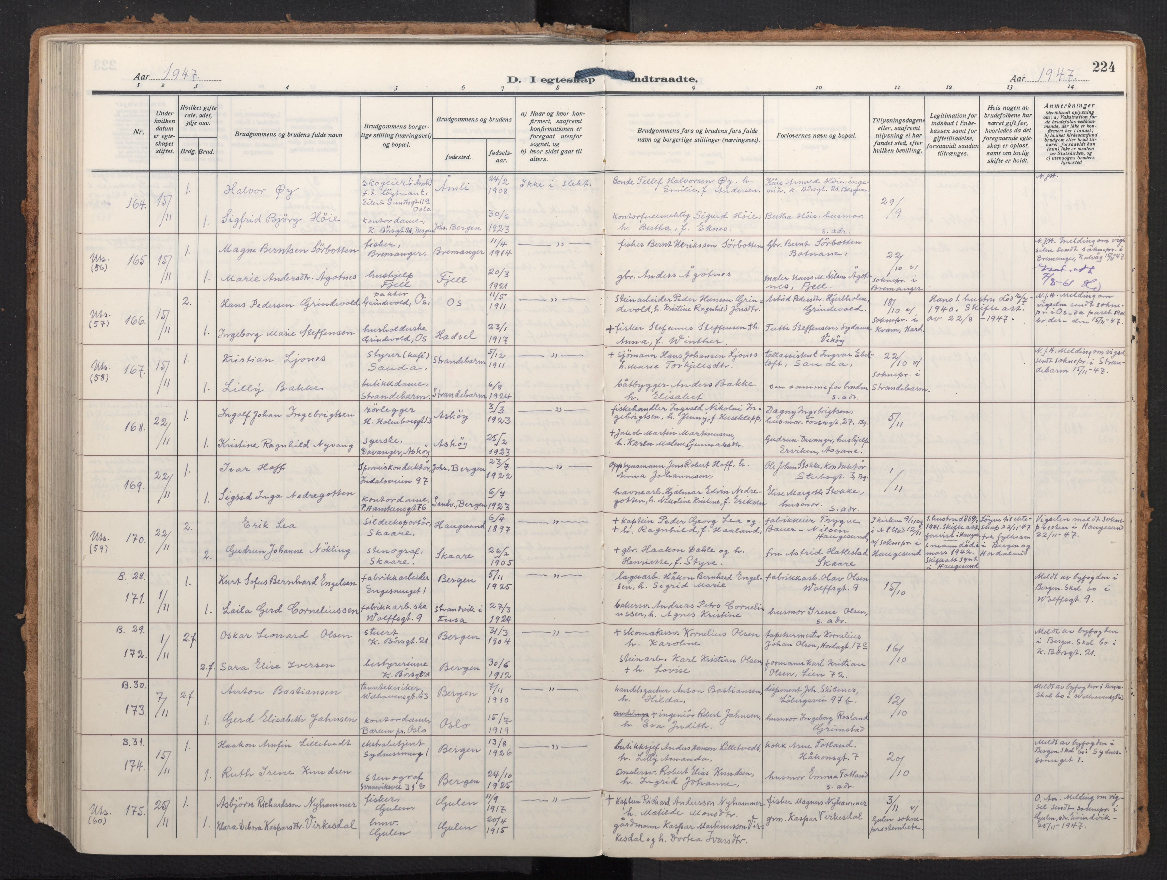 Johanneskirken sokneprestembete, AV/SAB-A-76001/H/Haa/L0014: Parish register (official) no. D 3, 1929-1949, p. 223b-224a