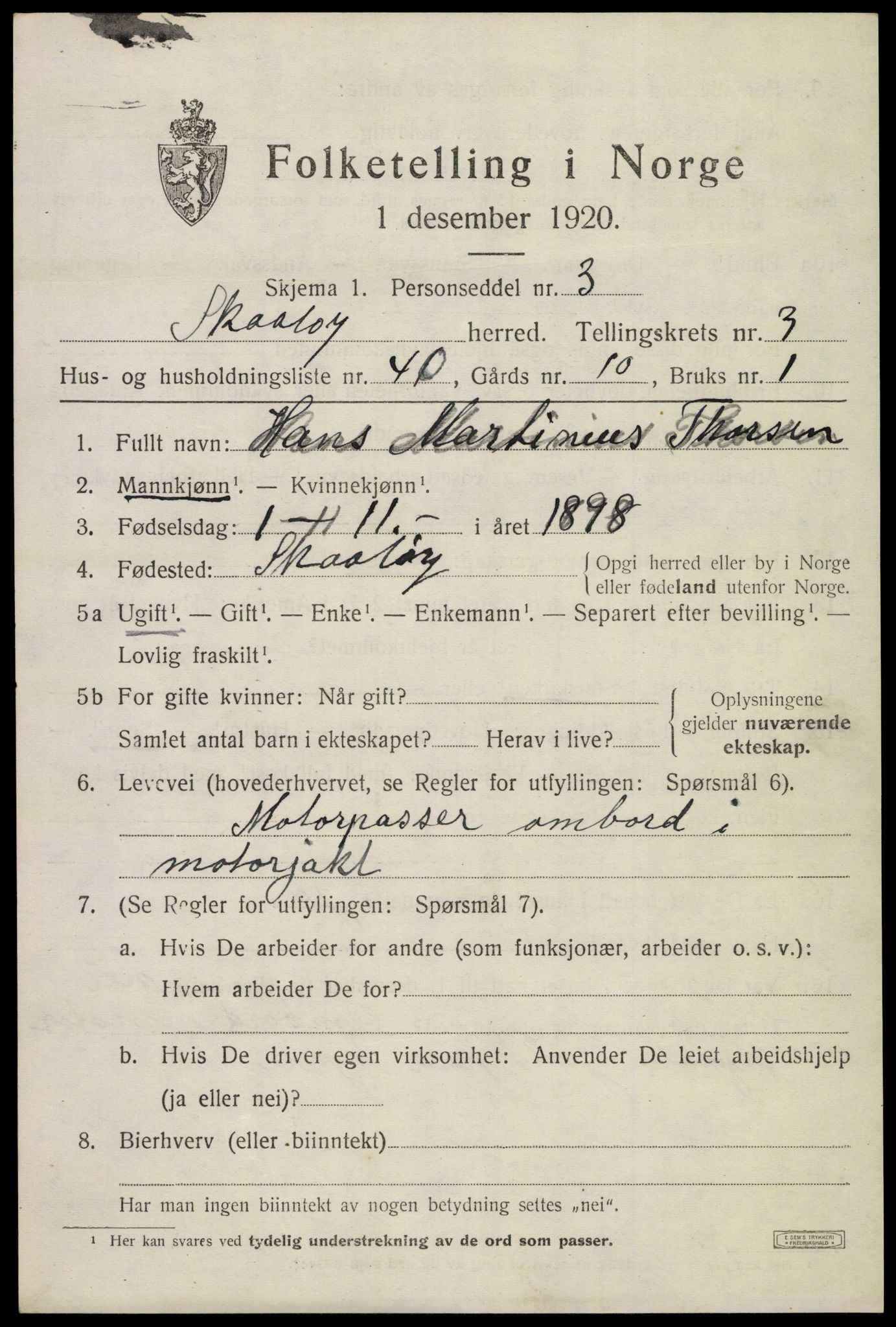 SAKO, 1920 census for Skåtøy, 1920, p. 3122