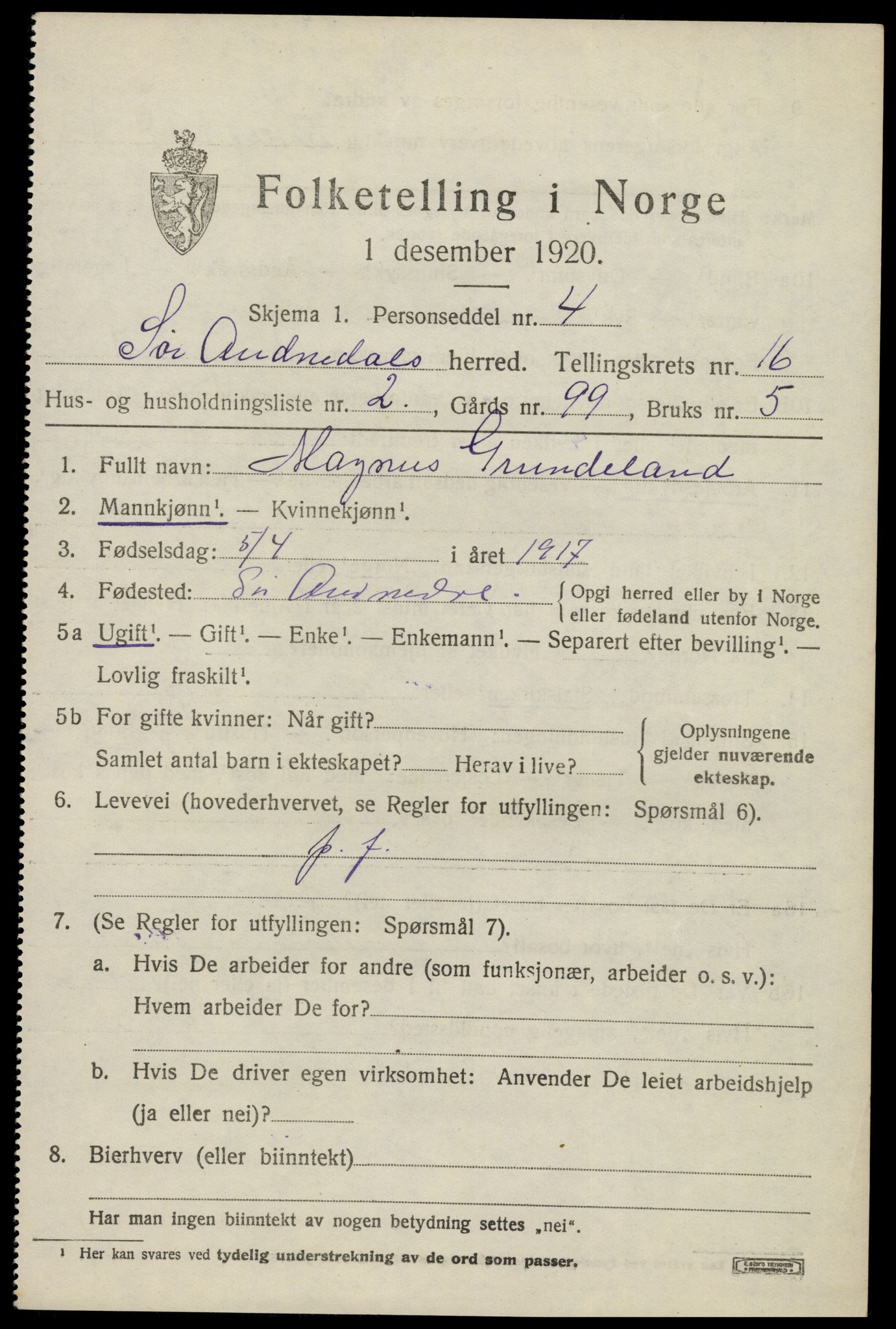 SAK, 1920 census for Sør-Audnedal, 1920, p. 5935