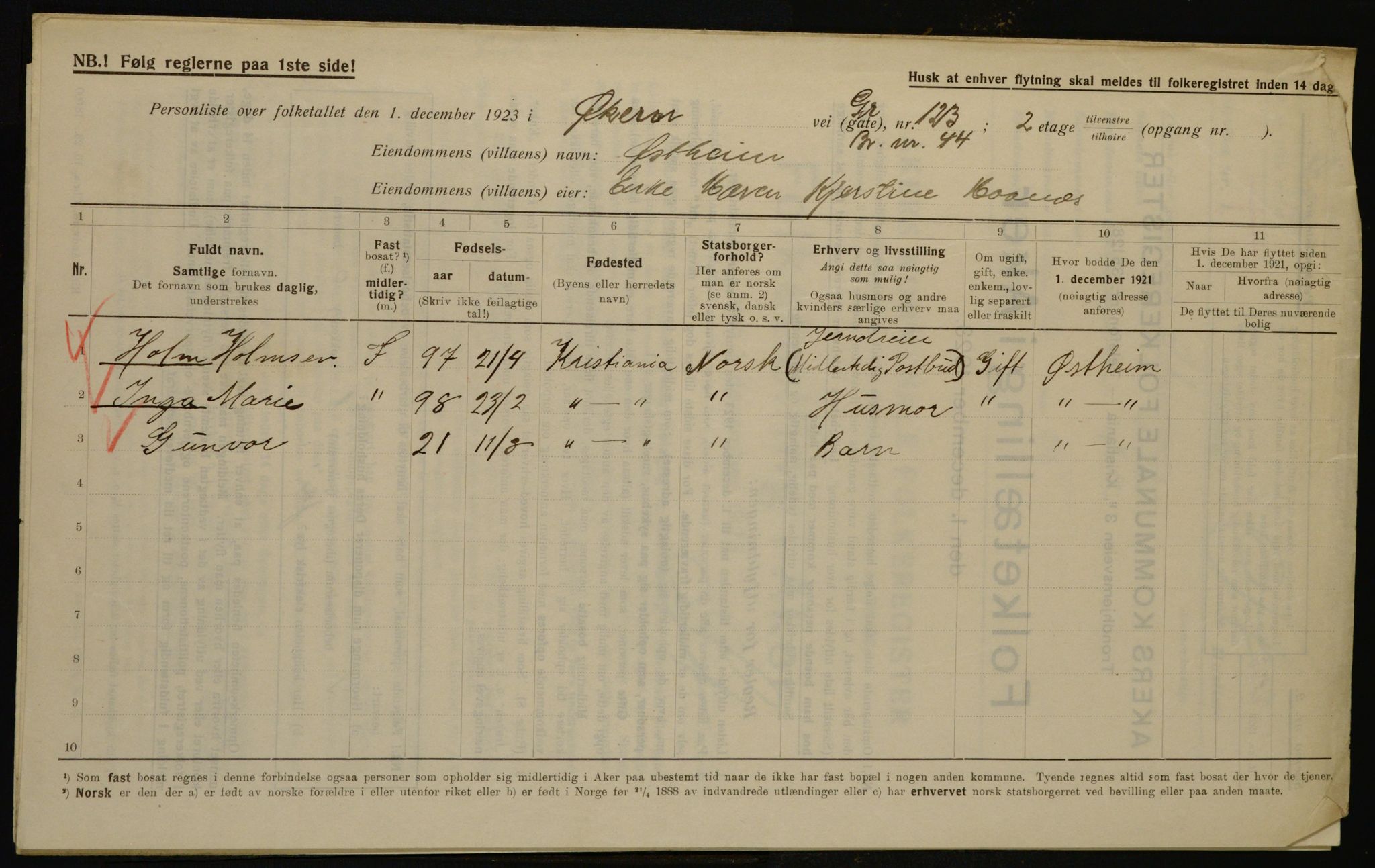 , Municipal Census 1923 for Aker, 1923, p. 36017