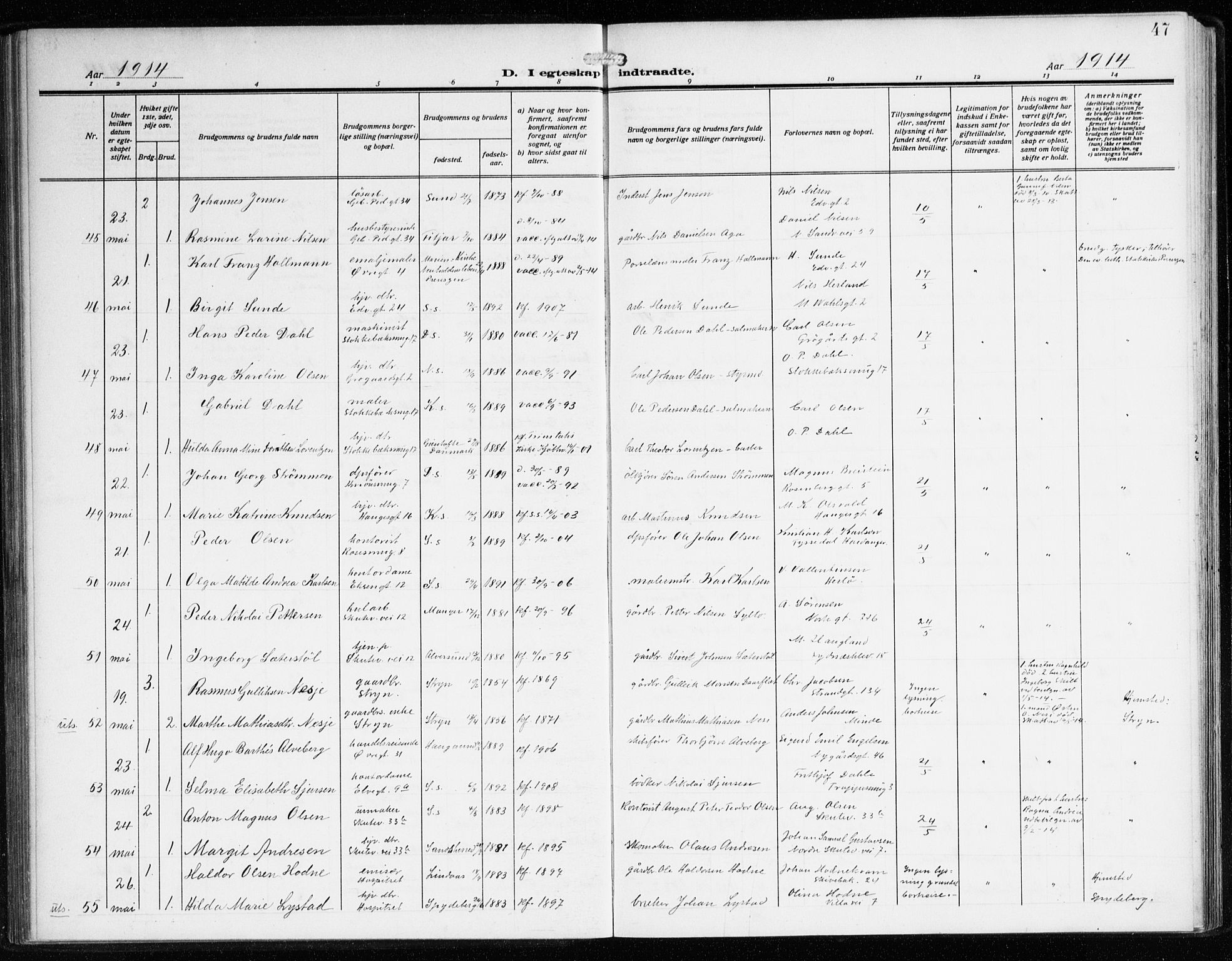 Sandviken Sokneprestembete, AV/SAB-A-77601/H/Ha/L0015: Parish register (official) no. D 2, 1911-1923, p. 47