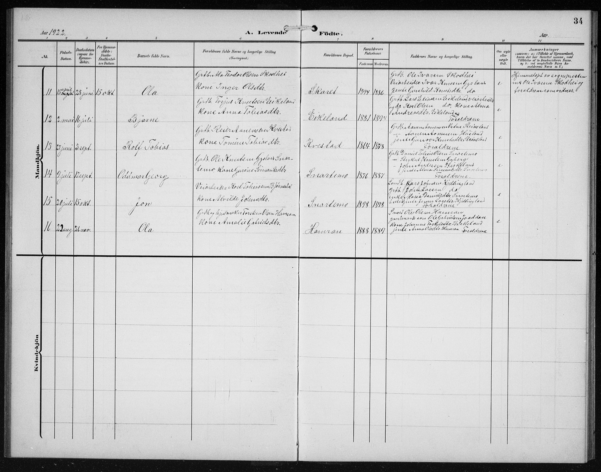 Hægebostad sokneprestkontor, AV/SAK-1111-0024/F/Fb/Fba/L0005: Parish register (copy) no. B 5, 1907-1931, p. 34