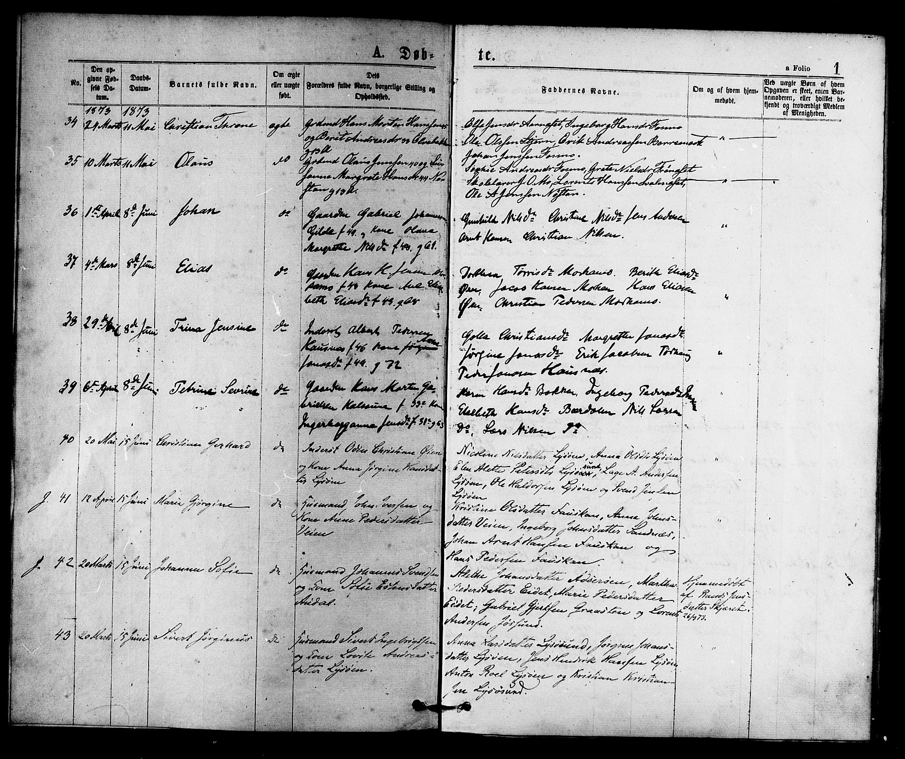 Ministerialprotokoller, klokkerbøker og fødselsregistre - Sør-Trøndelag, SAT/A-1456/655/L0679: Parish register (official) no. 655A08, 1873-1879, p. 1