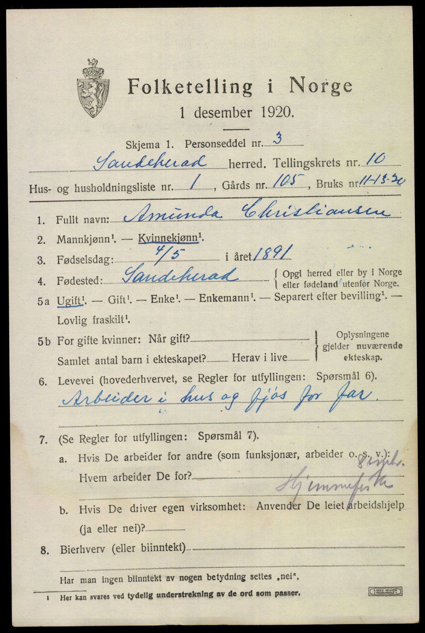 SAKO, 1920 census for Sandeherred, 1920, p. 14696