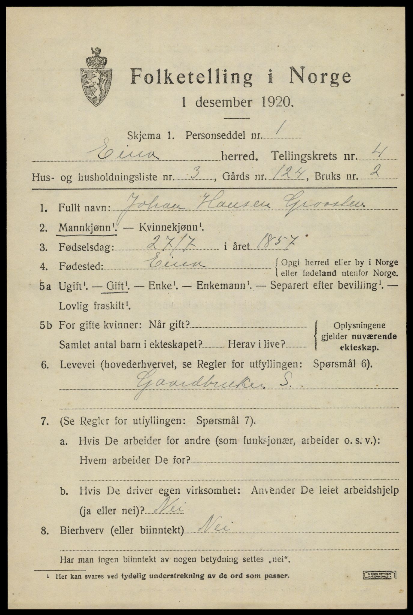 SAH, 1920 census for Eina, 1920, p. 2922