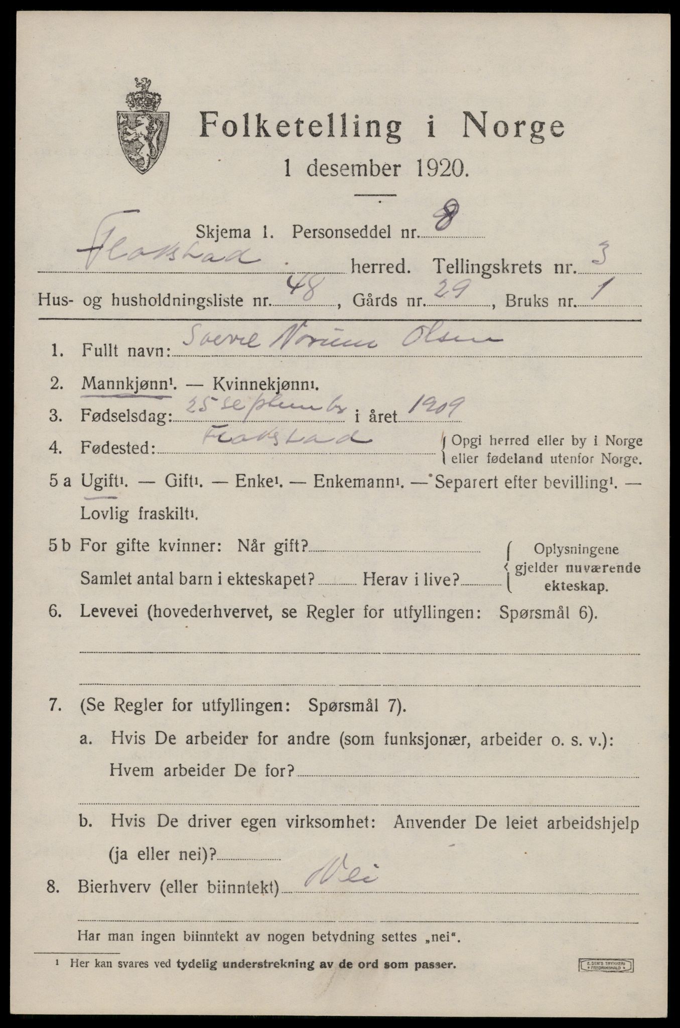 SAT, 1920 census for Flakstad, 1920, p. 2797
