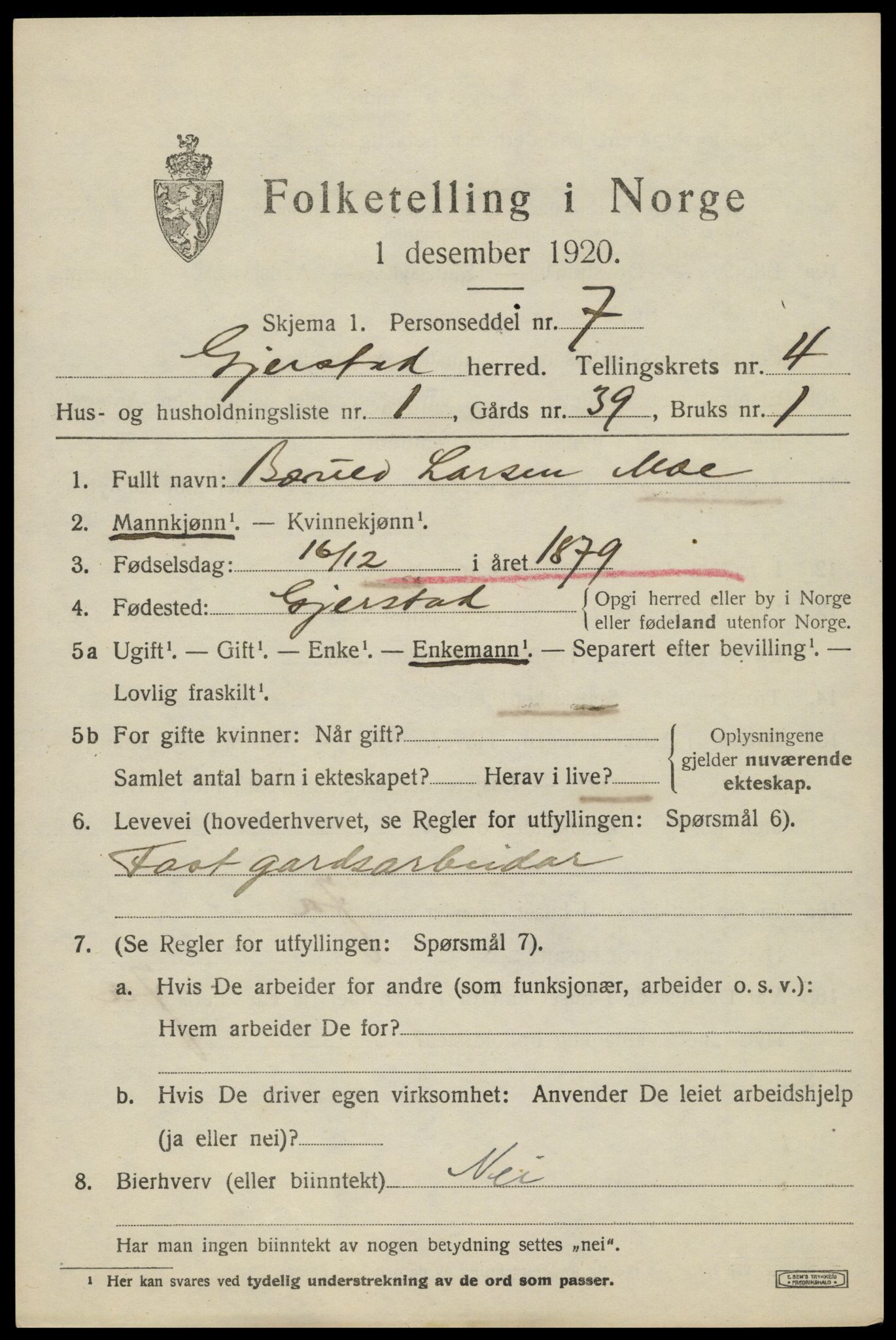 SAK, 1920 census for Gjerstad, 1920, p. 2717