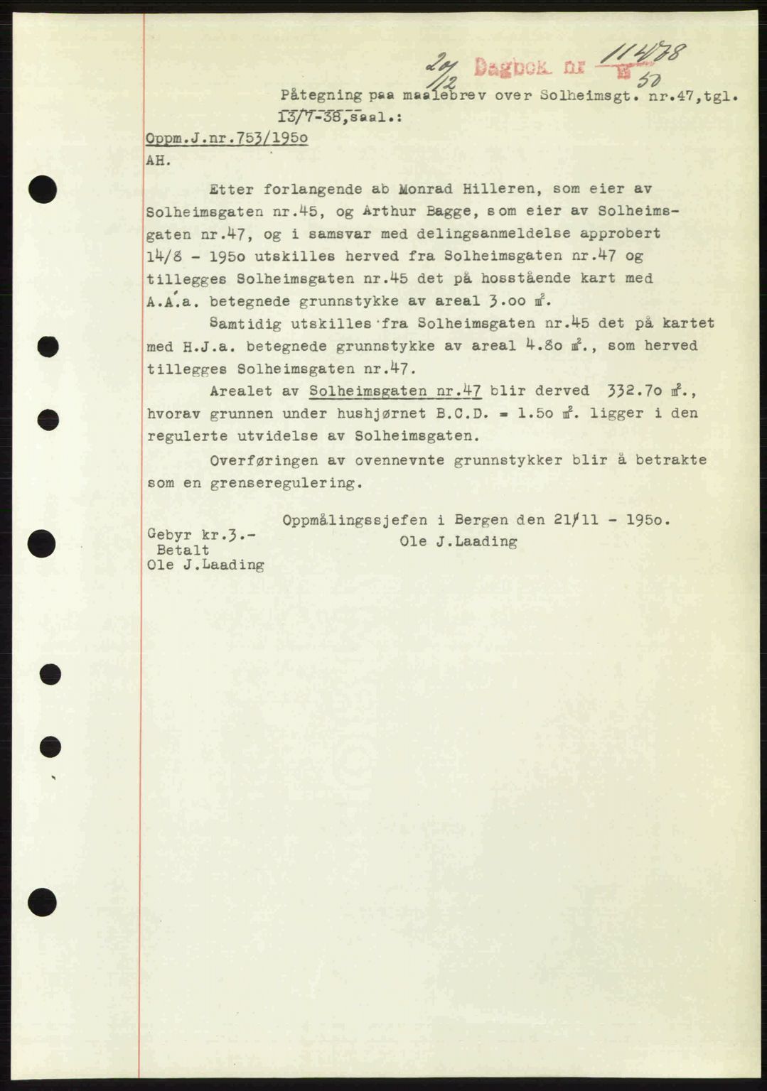 Byfogd og Byskriver i Bergen, SAB/A-3401/03/03Bc/L0034: Mortgage book no. A27-28, 1950-1950, Diary no: : 11478/1950