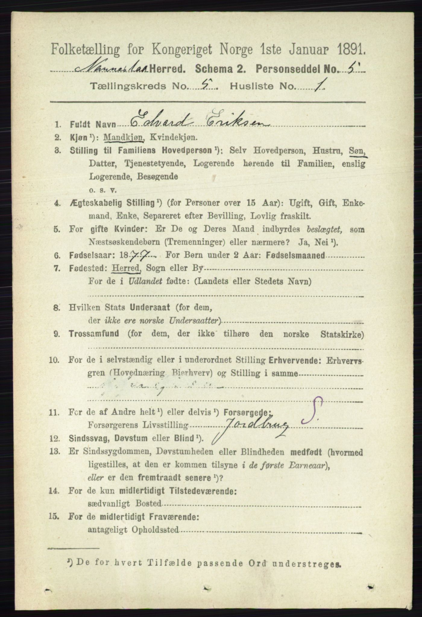 RA, 1891 census for 0238 Nannestad, 1891, p. 2605