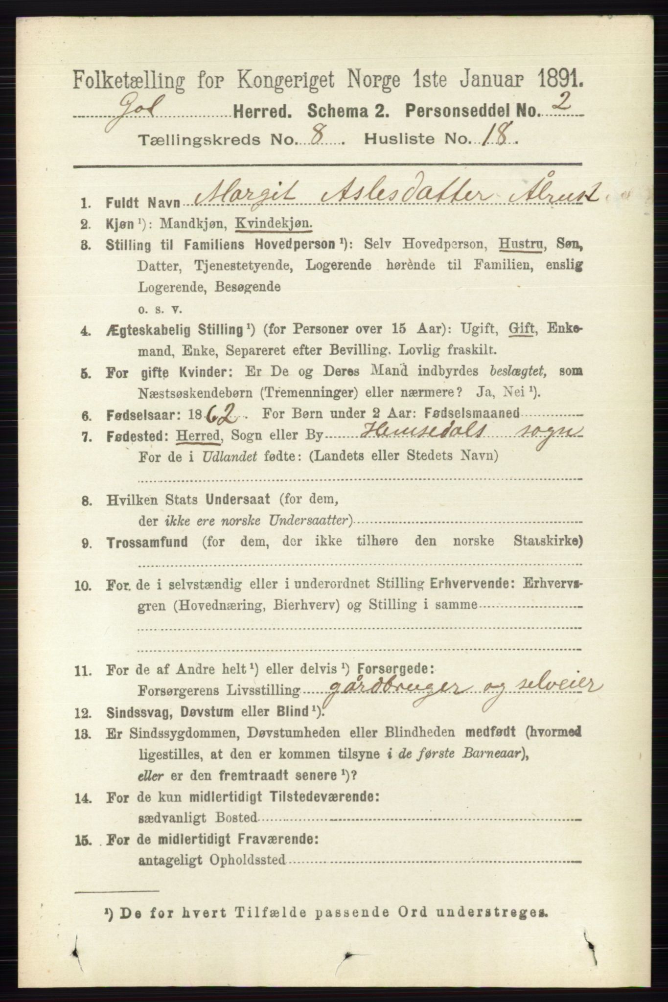 RA, 1891 census for 0617 Gol og Hemsedal, 1891, p. 3127