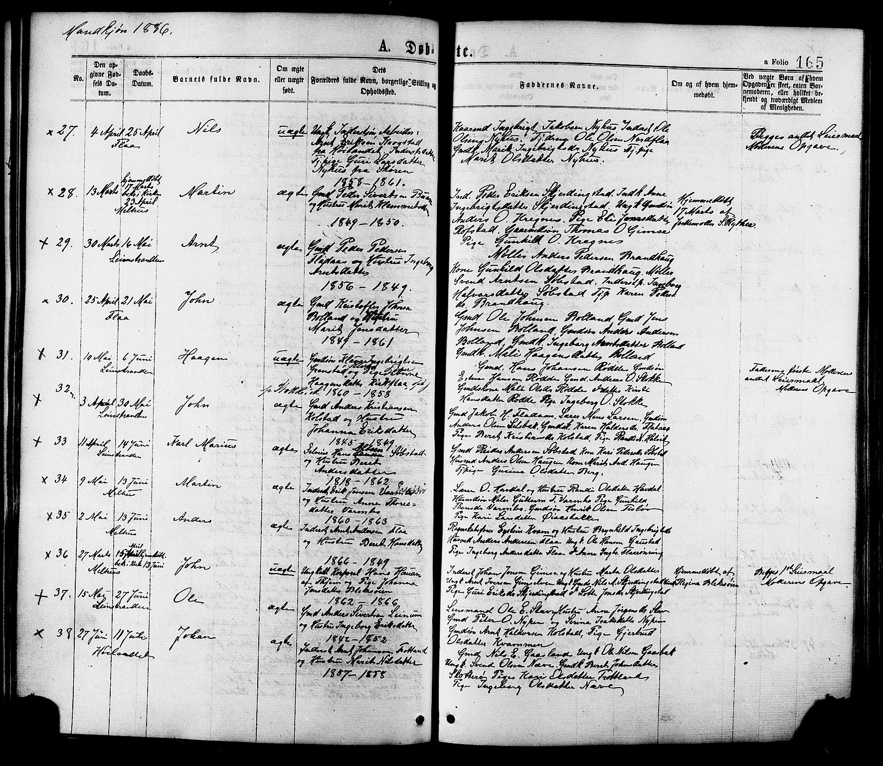 Ministerialprotokoller, klokkerbøker og fødselsregistre - Sør-Trøndelag, AV/SAT-A-1456/691/L1079: Parish register (official) no. 691A11, 1873-1886, p. 165
