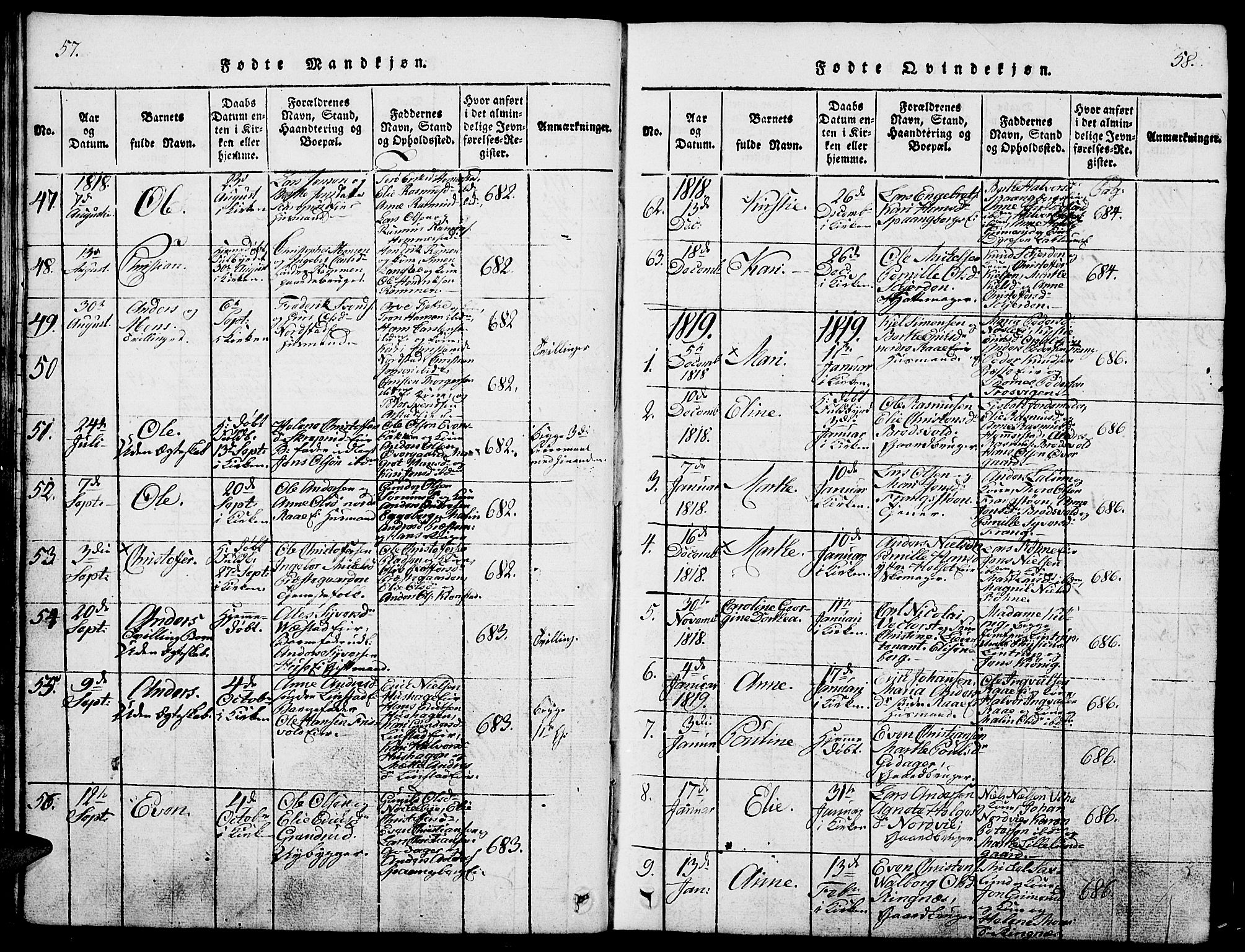Stange prestekontor, SAH/PREST-002/L/L0001: Parish register (copy) no. 1, 1814-1825, p. 57-58