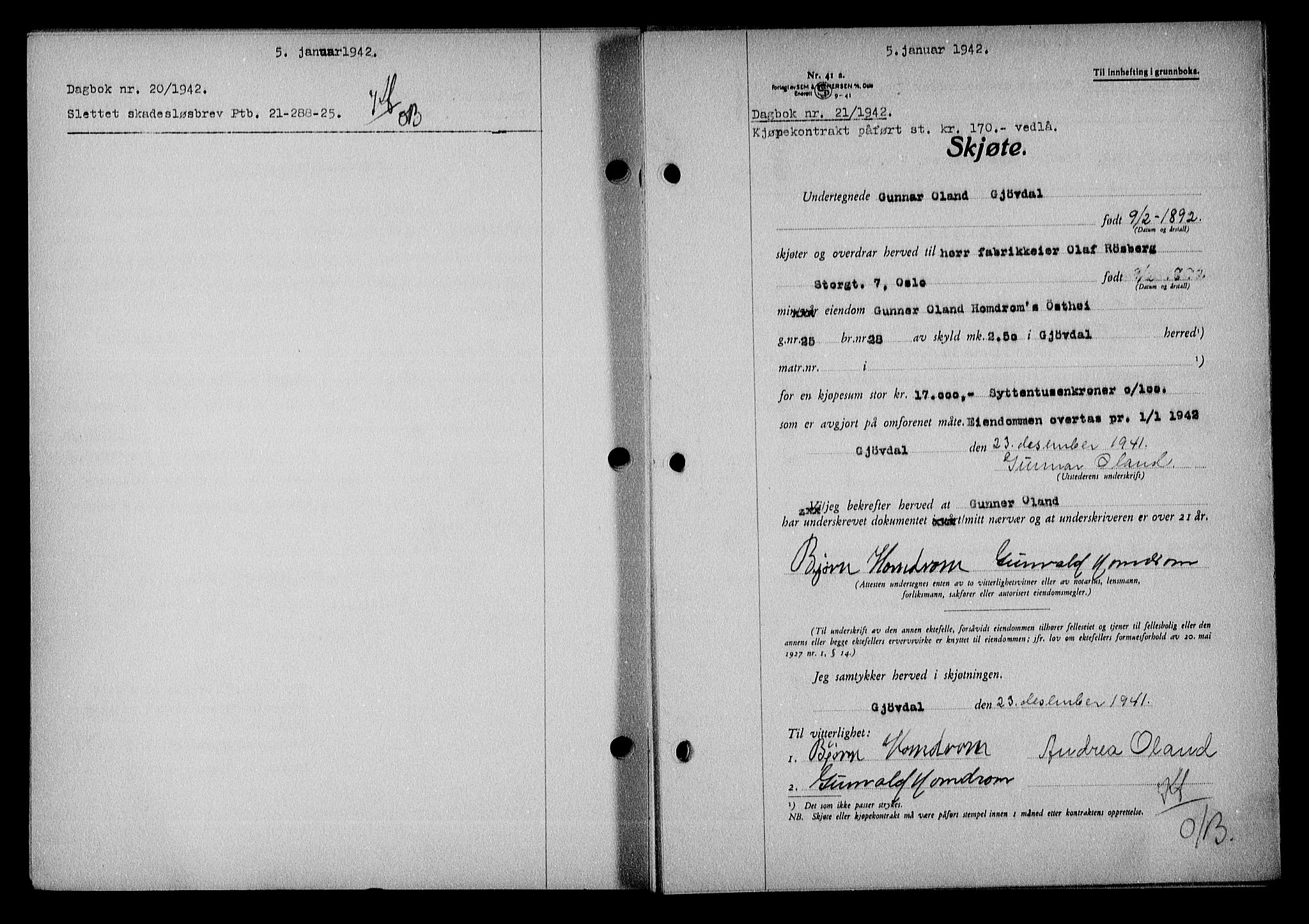 Nedenes sorenskriveri, SAK/1221-0006/G/Gb/Gba/L0049: Mortgage book no. A-III, 1941-1942, Diary no: : 21/1942