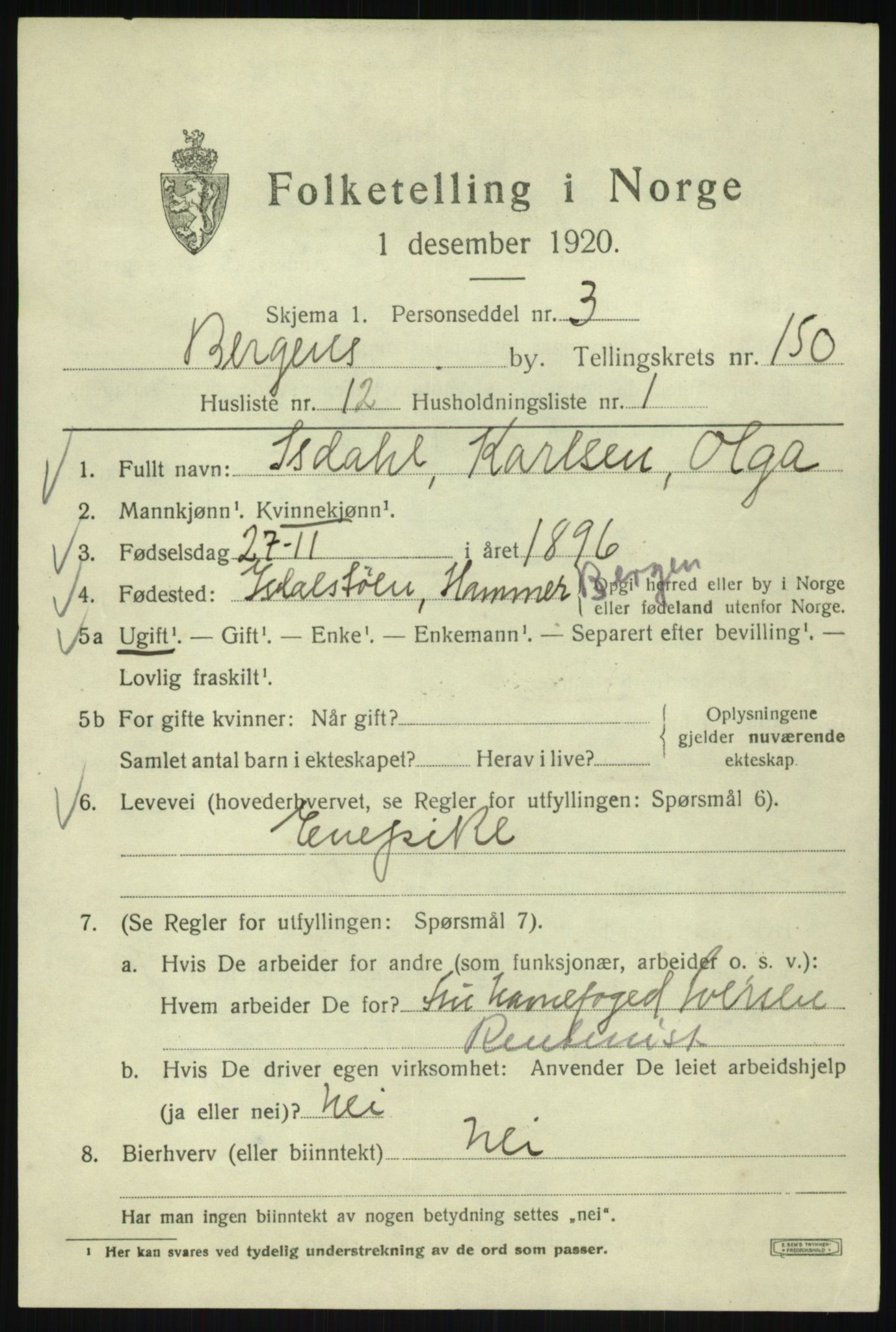 SAB, 1920 census for Bergen, 1920, p. 246289