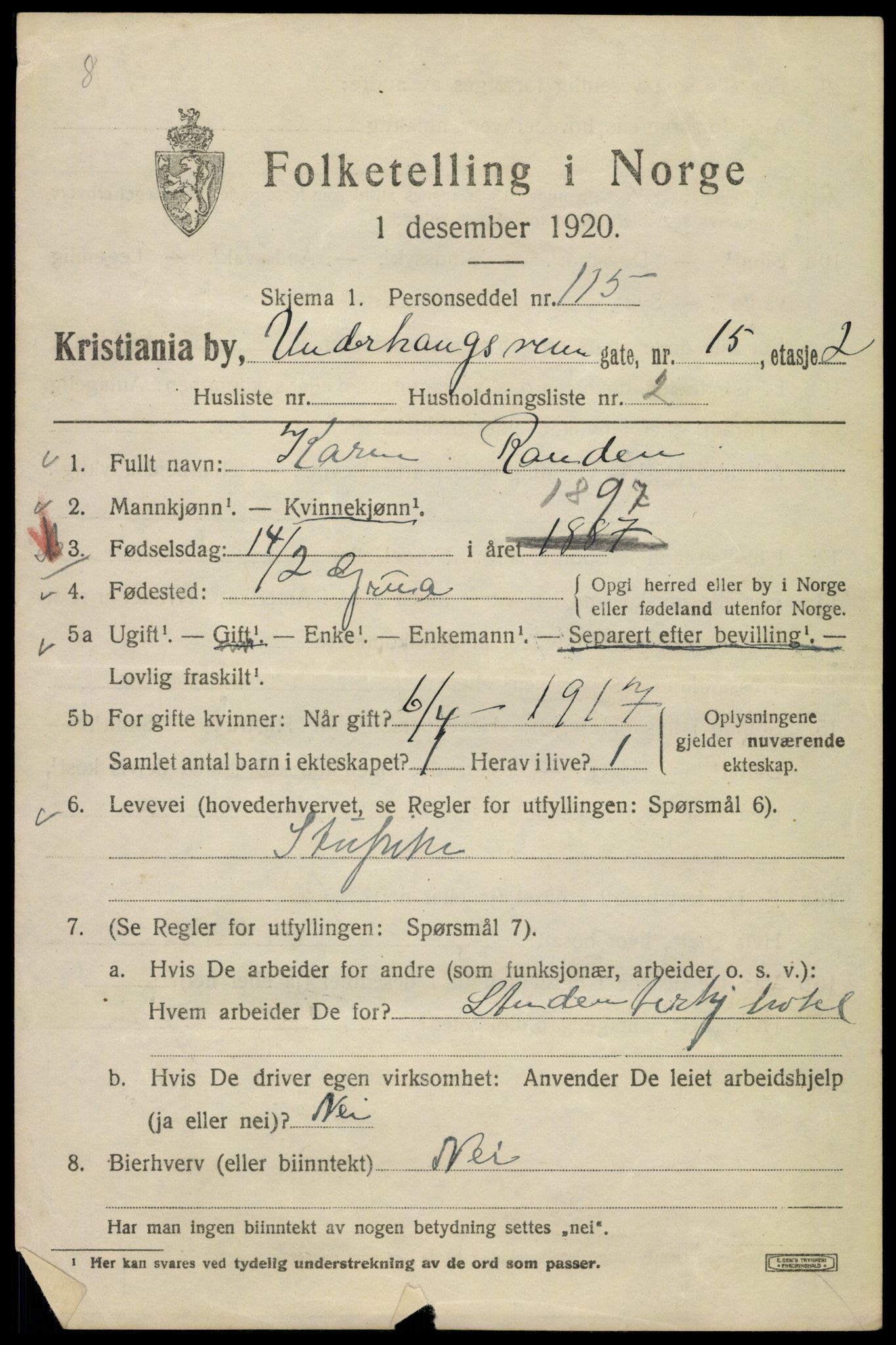 SAO, 1920 census for Kristiania, 1920, p. 618049