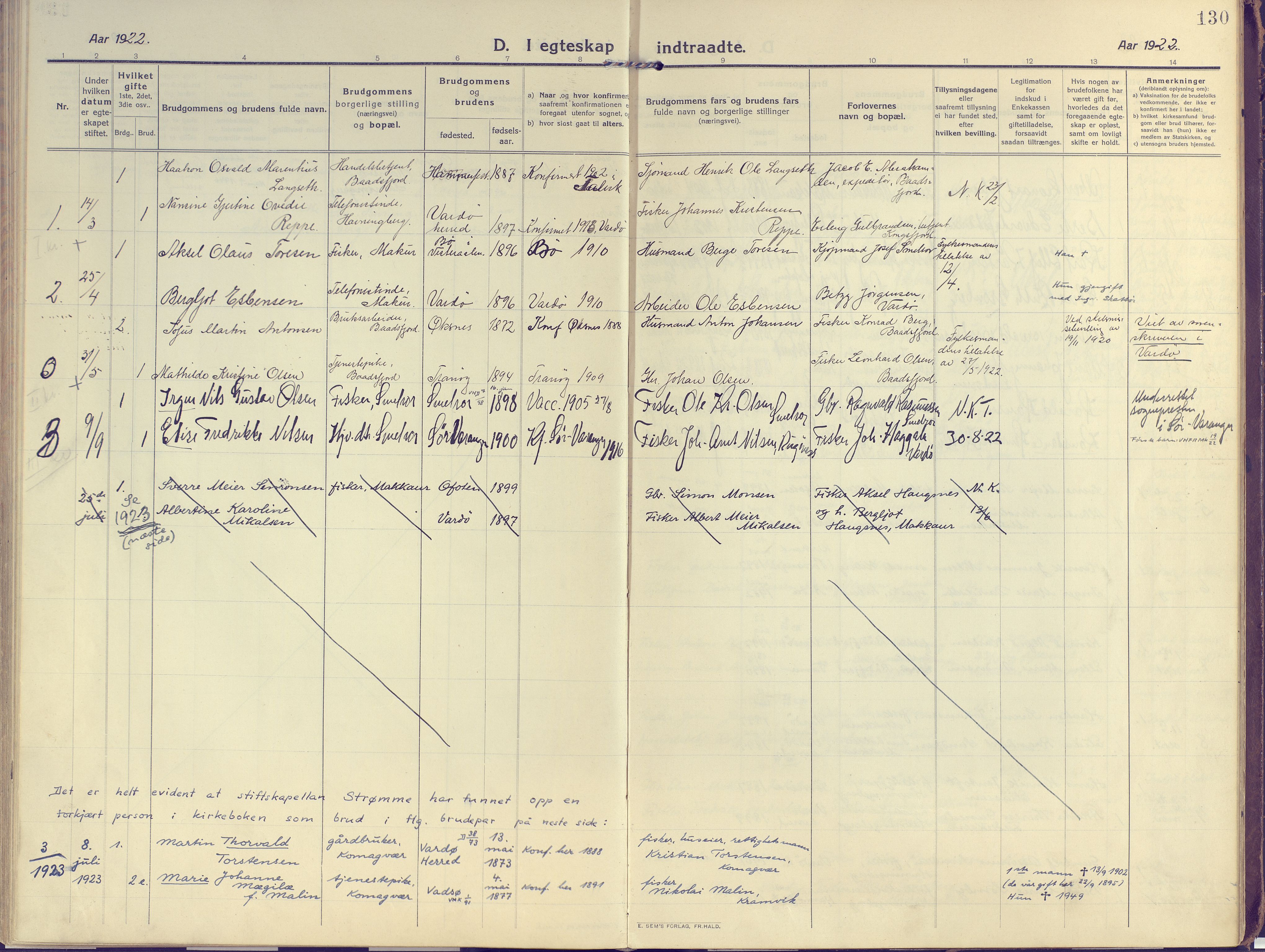 Vardø sokneprestkontor, AV/SATØ-S-1332/H/Ha/L0013kirke: Parish register (official) no. 13, 1912-1928, p. 130