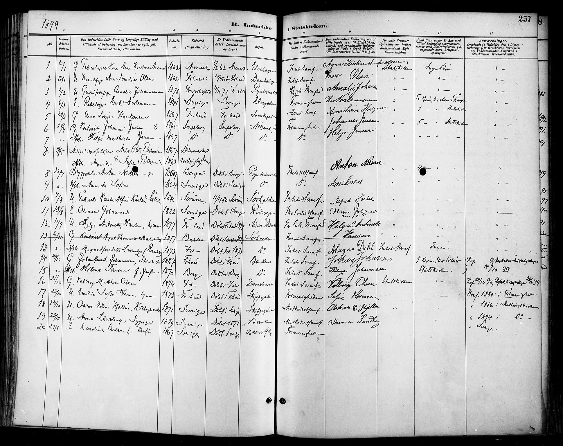 Halden prestekontor Kirkebøker, SAO/A-10909/F/Fa/L0014: Parish register (official) no. I 14, 1890-1906, p. 257
