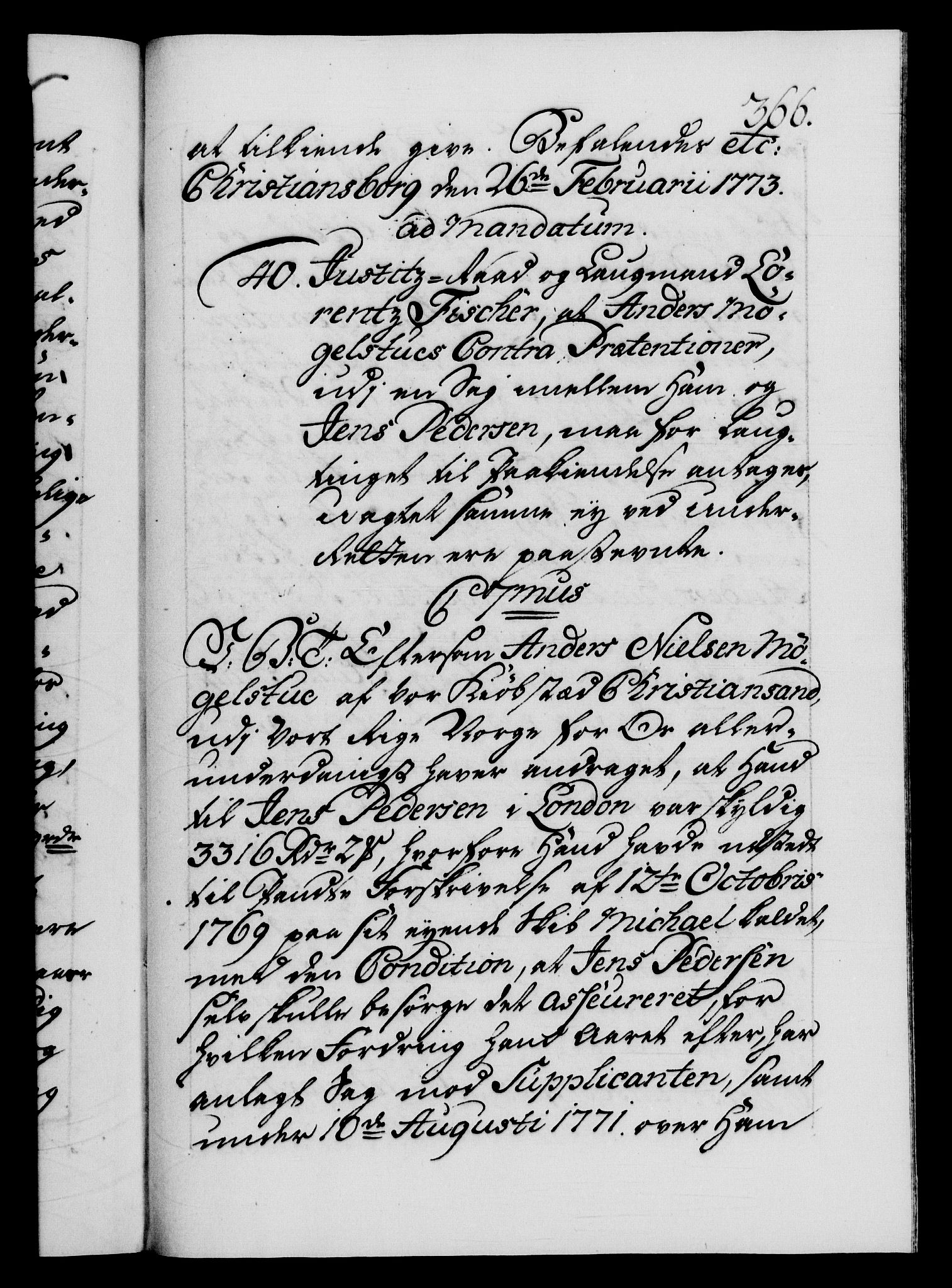 Danske Kanselli 1572-1799, AV/RA-EA-3023/F/Fc/Fca/Fcab/L0040: Norske tegnelser "Norske eller 3. depts. missiver", 1771-1773, p. 366a