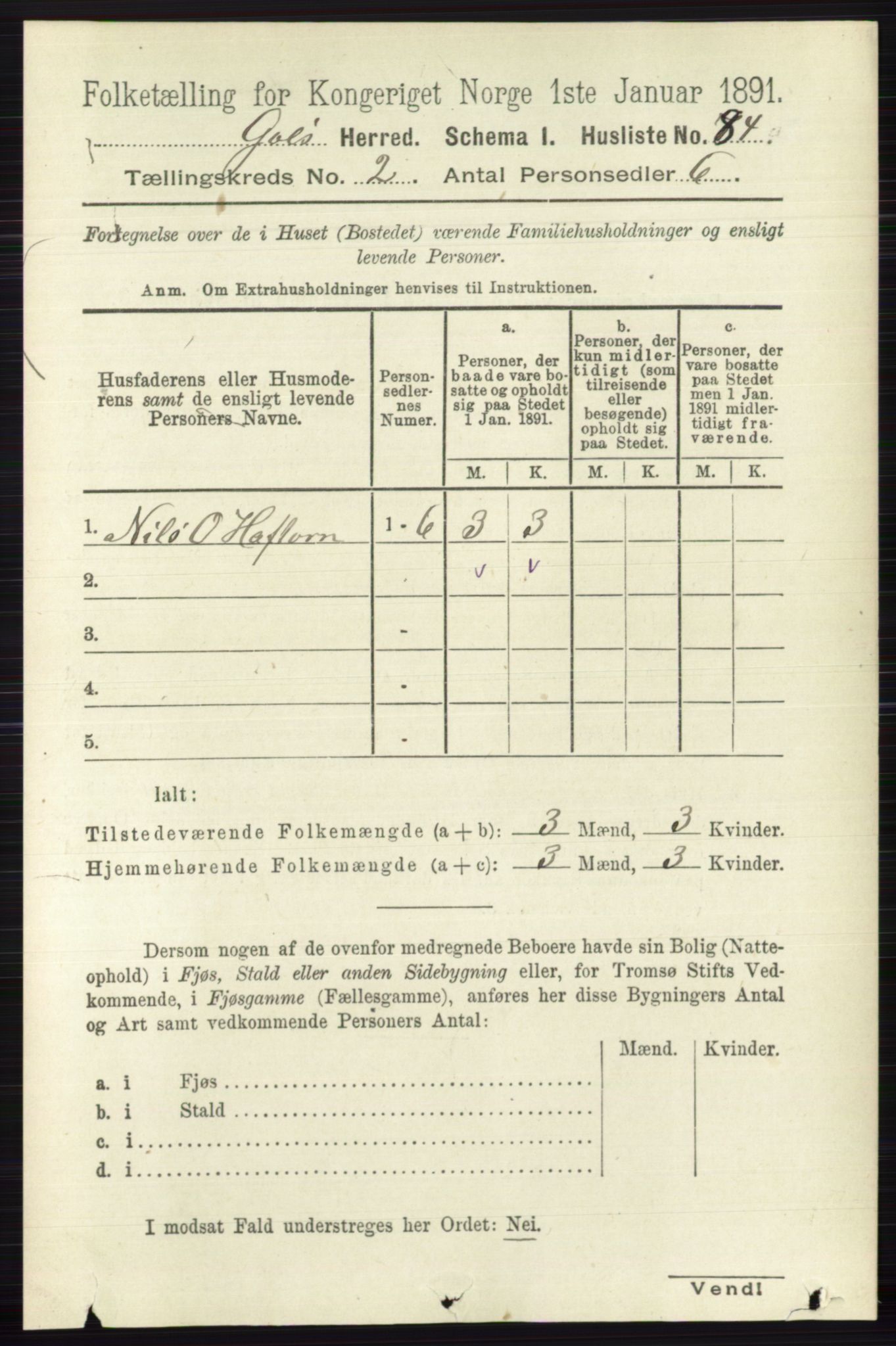 RA, 1891 census for 0617 Gol og Hemsedal, 1891, p. 709