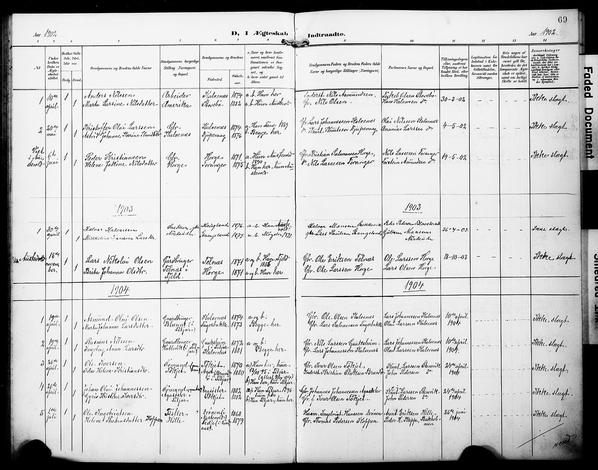 Austevoll Sokneprestembete, SAB/A-74201/H/Hab: Parish register (copy) no. B 5, 1902-1910, p. 69