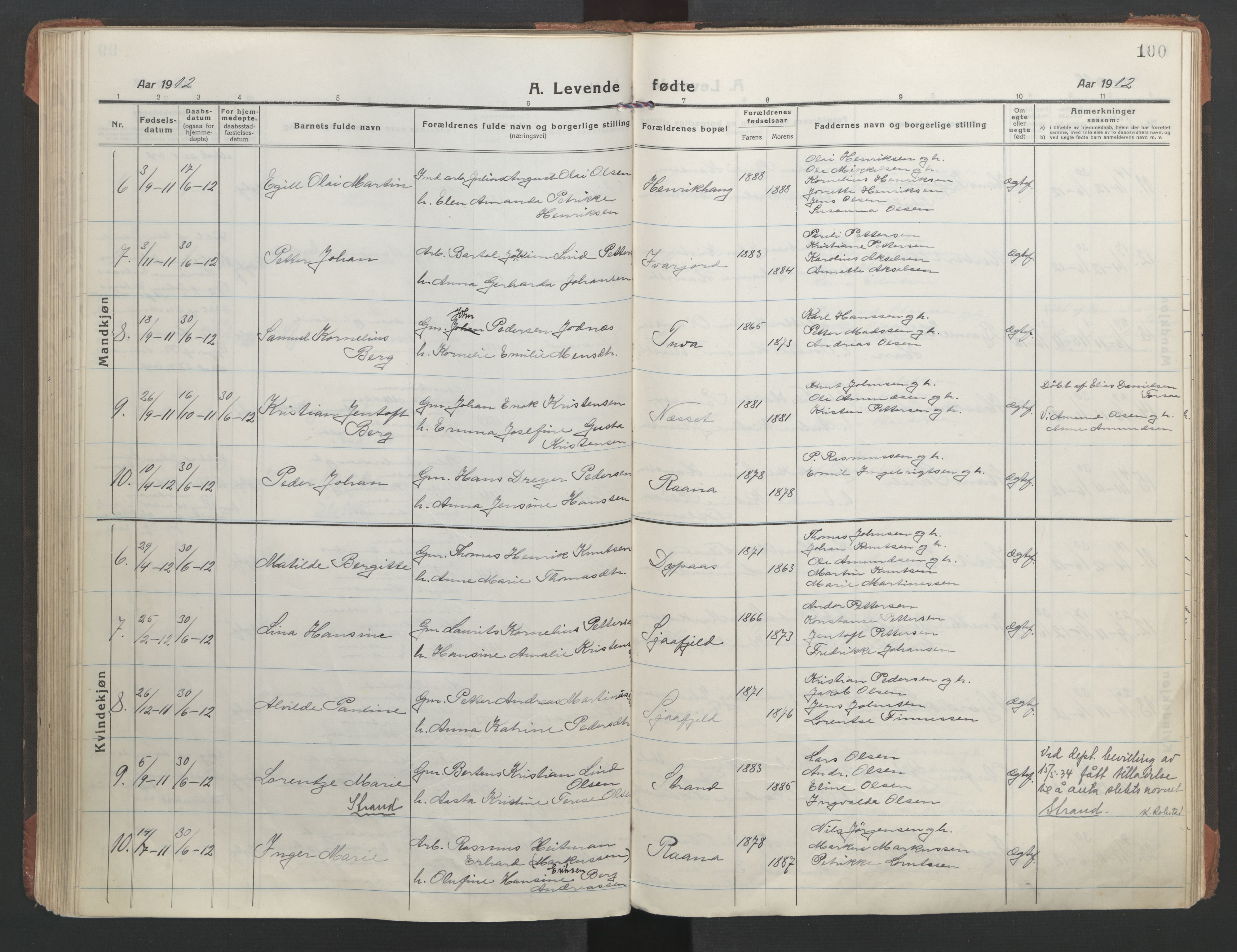 Ministerialprotokoller, klokkerbøker og fødselsregistre - Nordland, AV/SAT-A-1459/863/L0900: Parish register (official) no. 863A12, 1906-1915, p. 100