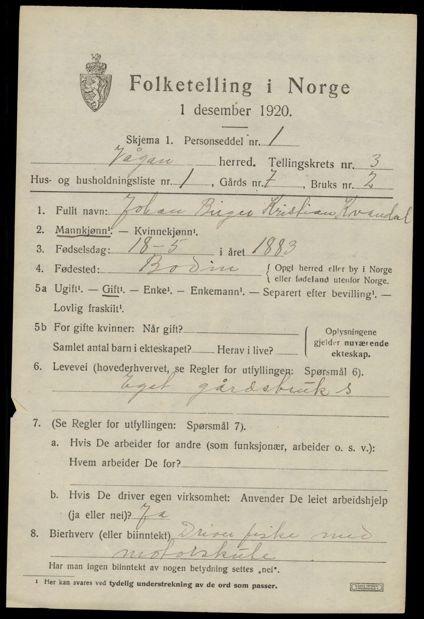 SAT, 1920 census for Vågan, 1920, p. 2567