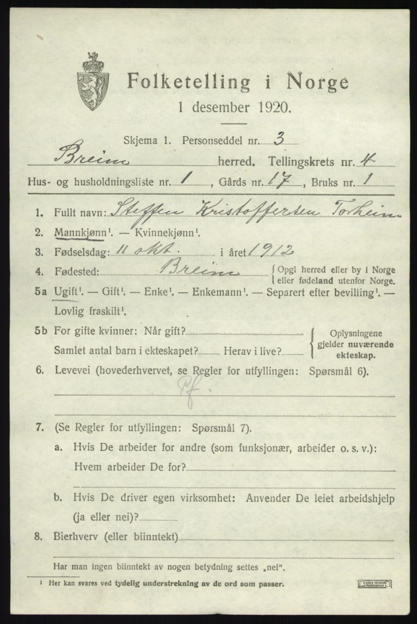 SAB, 1920 census for Breim, 1920, p. 2511