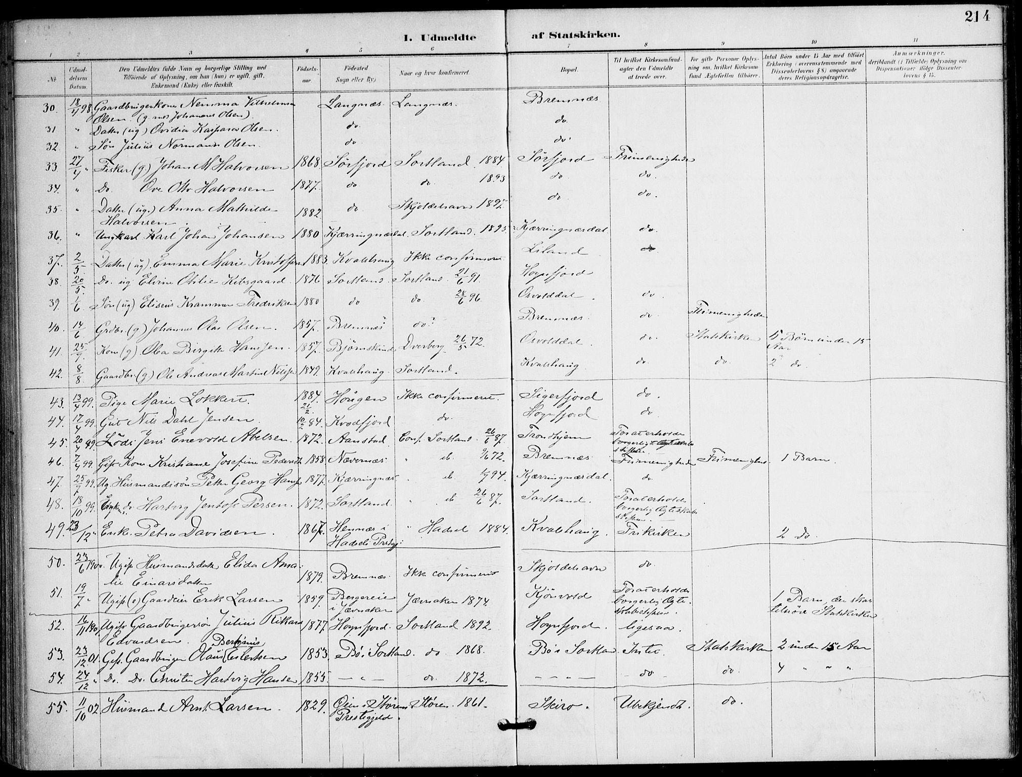 Ministerialprotokoller, klokkerbøker og fødselsregistre - Nordland, AV/SAT-A-1459/895/L1372: Parish register (official) no. 895A07, 1894-1914, p. 214