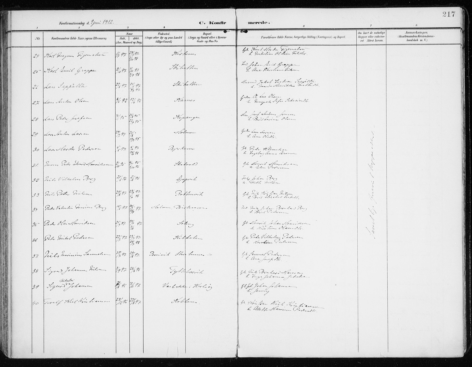 Lyngen sokneprestembete, AV/SATØ-S-1289/H/He/Hea/L0011kirke: Parish register (official) no. 11, 1903-1913, p. 217