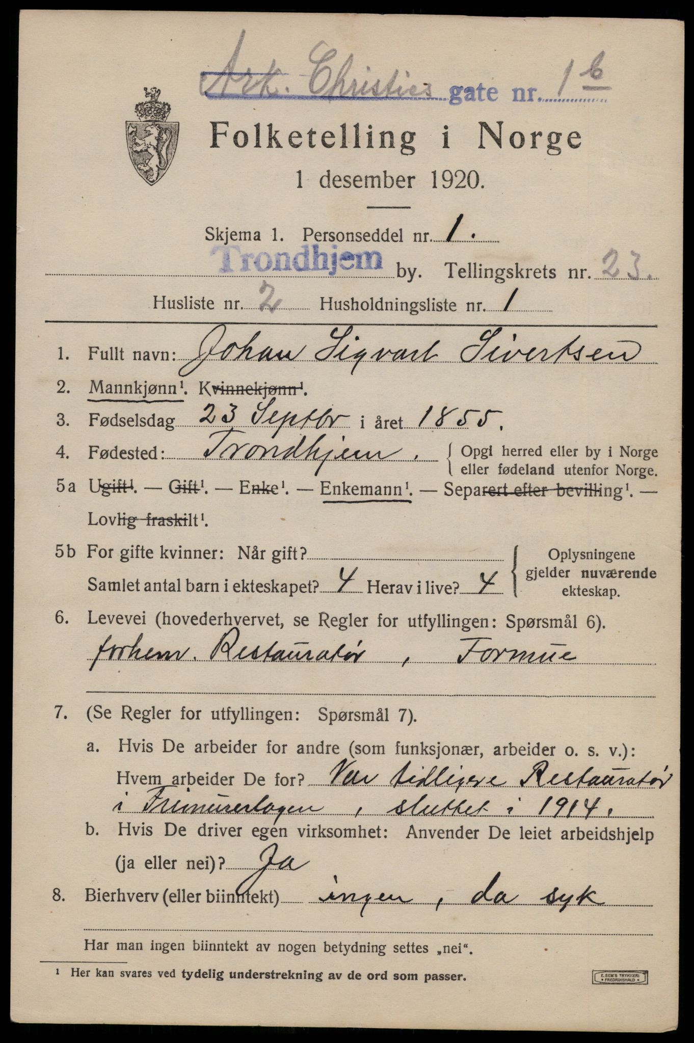 SAT, 1920 census for Trondheim, 1920, p. 63952