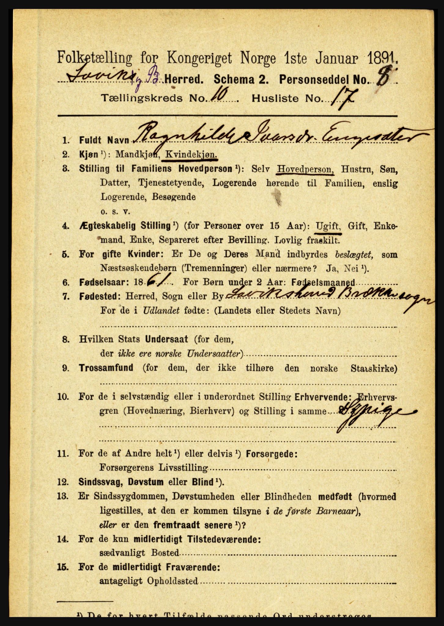 RA, 1891 census for 1415 Lavik og Brekke, 1891, p. 2105