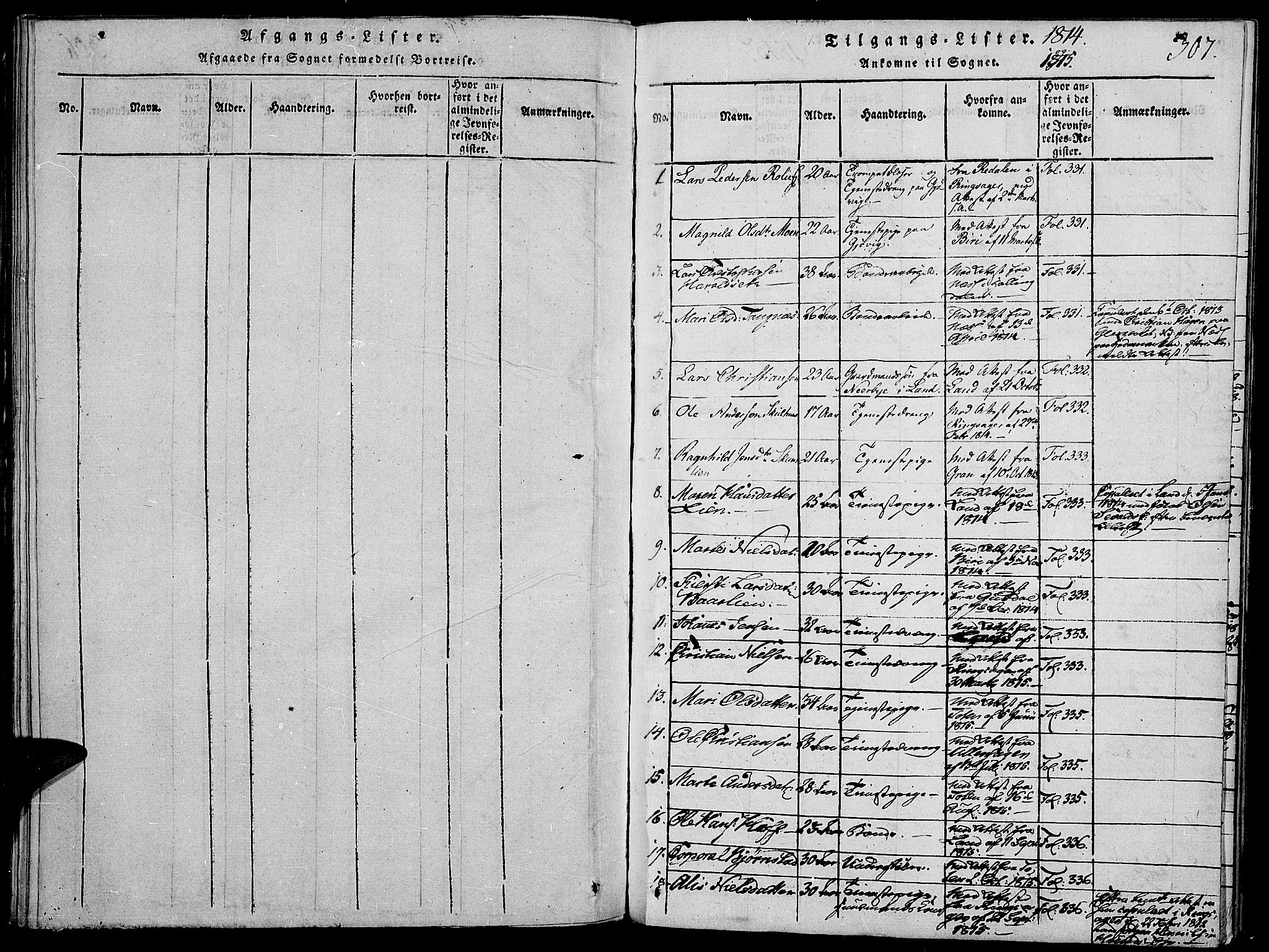 Vardal prestekontor, SAH/PREST-100/H/Ha/Haa/L0004: Parish register (official) no. 4, 1814-1831, p. 307