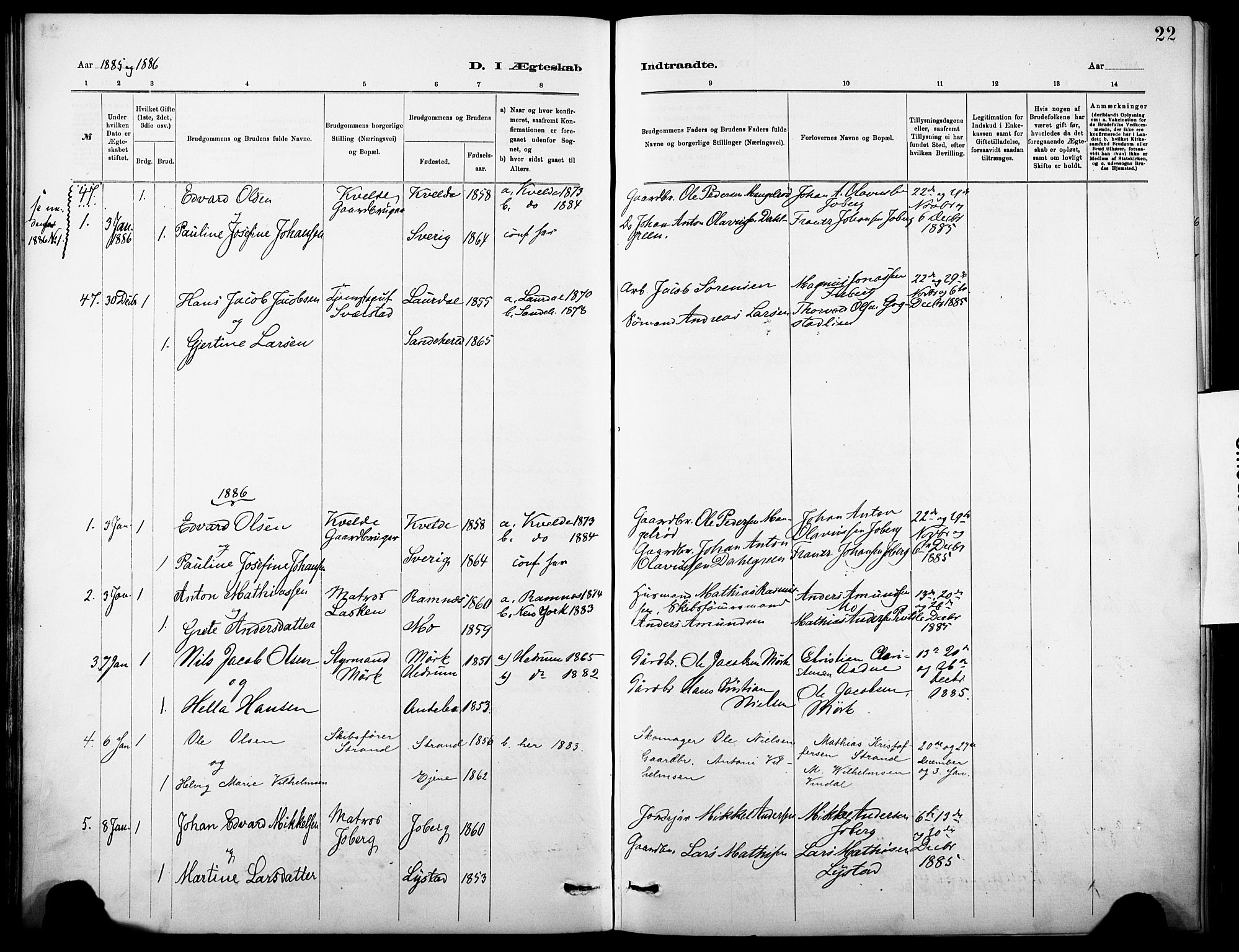 Sandar kirkebøker, SAKO/A-243/F/Fa/L0013: Parish register (official) no. 13, 1883-1895, p. 22