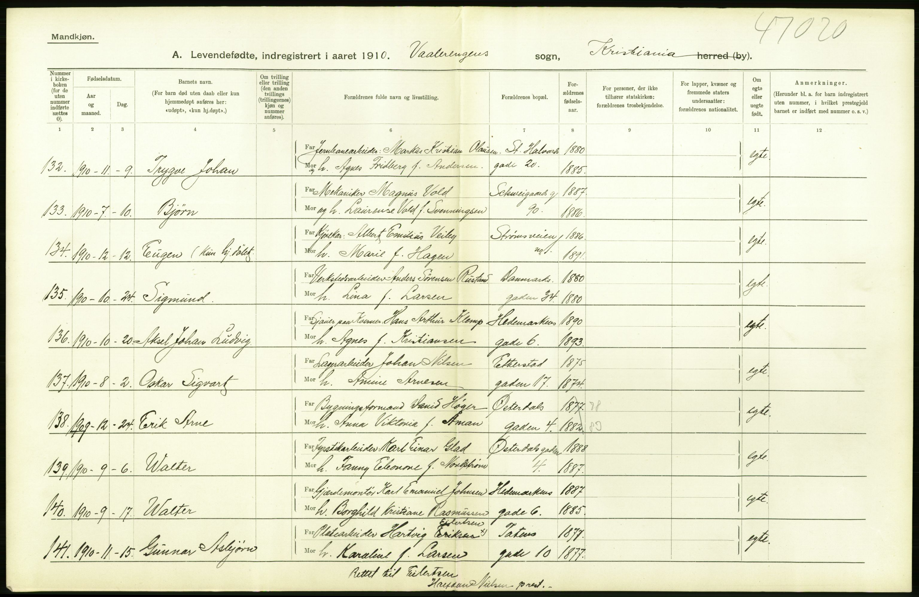 Statistisk sentralbyrå, Sosiodemografiske emner, Befolkning, AV/RA-S-2228/D/Df/Dfa/Dfah/L0006: Kristiania: Levendefødte menn., 1910, p. 424