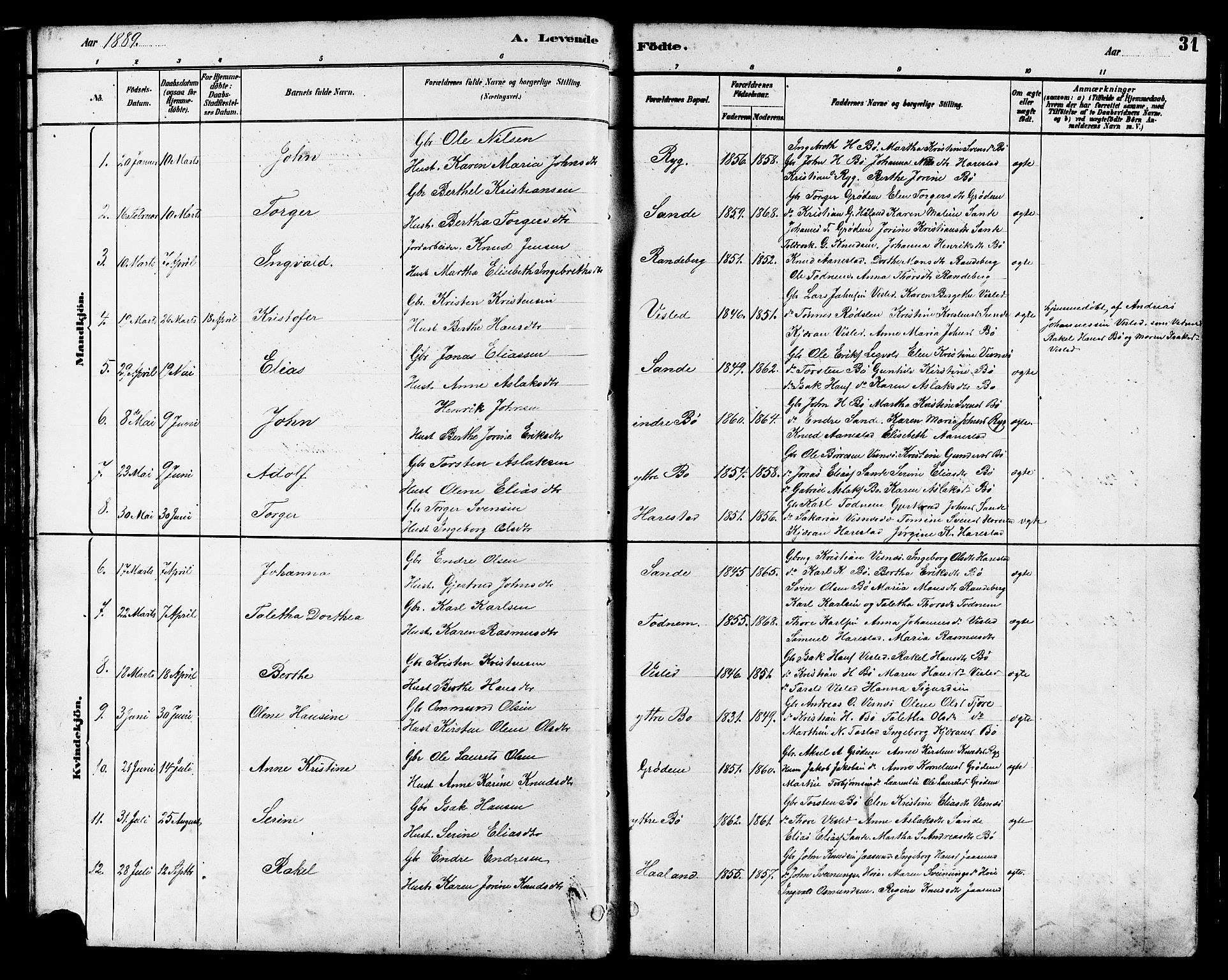 Hetland sokneprestkontor, SAST/A-101826/30/30BB/L0006: Parish register (copy) no. B 6, 1878-1921, p. 31