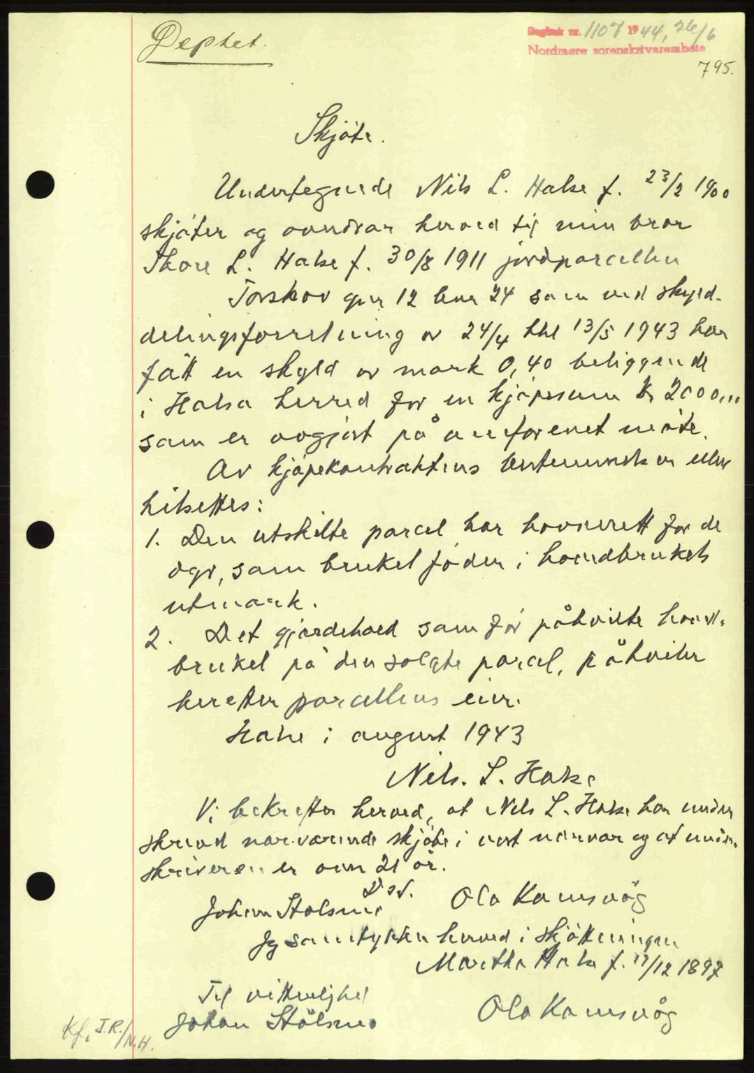 Nordmøre sorenskriveri, AV/SAT-A-4132/1/2/2Ca: Mortgage book no. A97, 1944-1944, Diary no: : 1107/1944