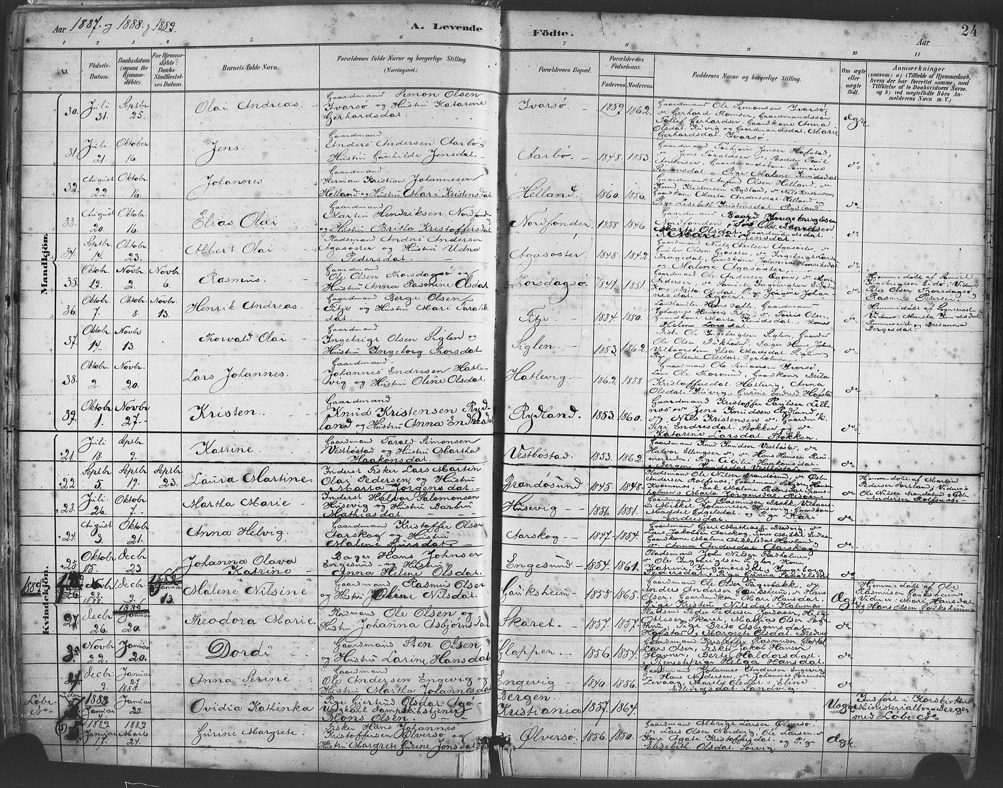 Fitjar sokneprestembete, SAB/A-99926: Parish register (official) no. A 2, 1882-1899, p. 24