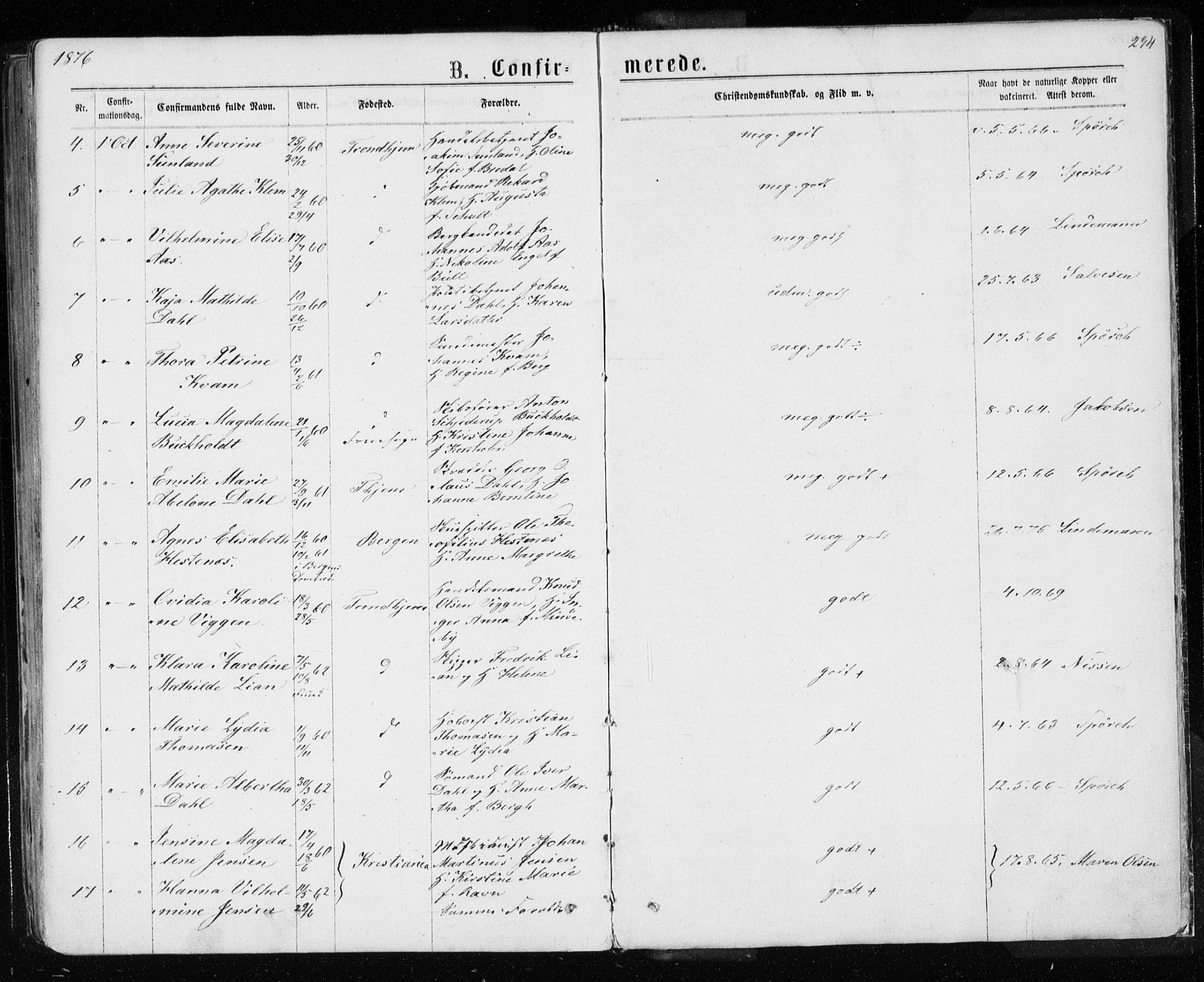 Ministerialprotokoller, klokkerbøker og fødselsregistre - Sør-Trøndelag, SAT/A-1456/601/L0054: Parish register (official) no. 601A22, 1866-1877, p. 294