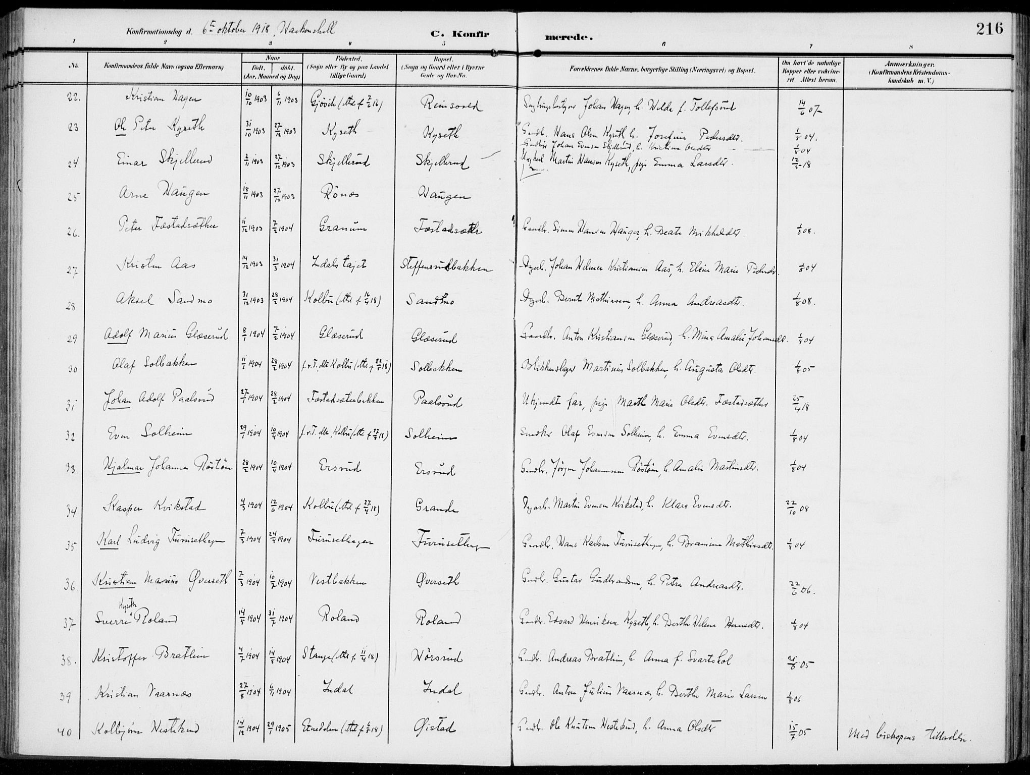 Vestre Toten prestekontor, AV/SAH-PREST-108/H/Ha/Haa/L0014: Parish register (official) no. 14, 1907-1920, p. 216