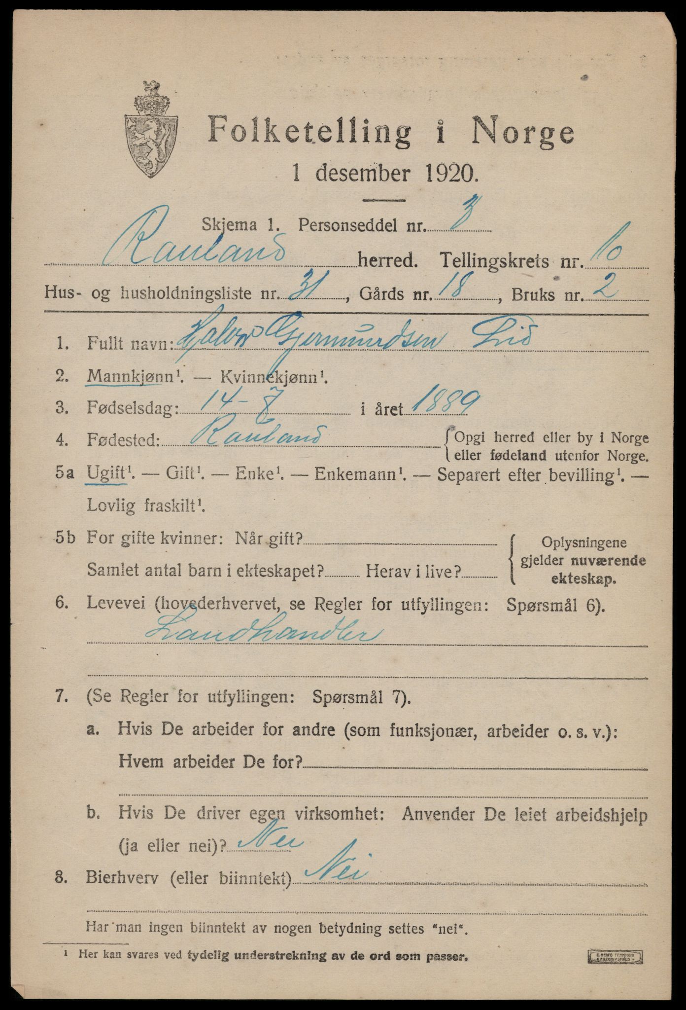 SAKO, 1920 census for Rauland, 1920, p. 2438