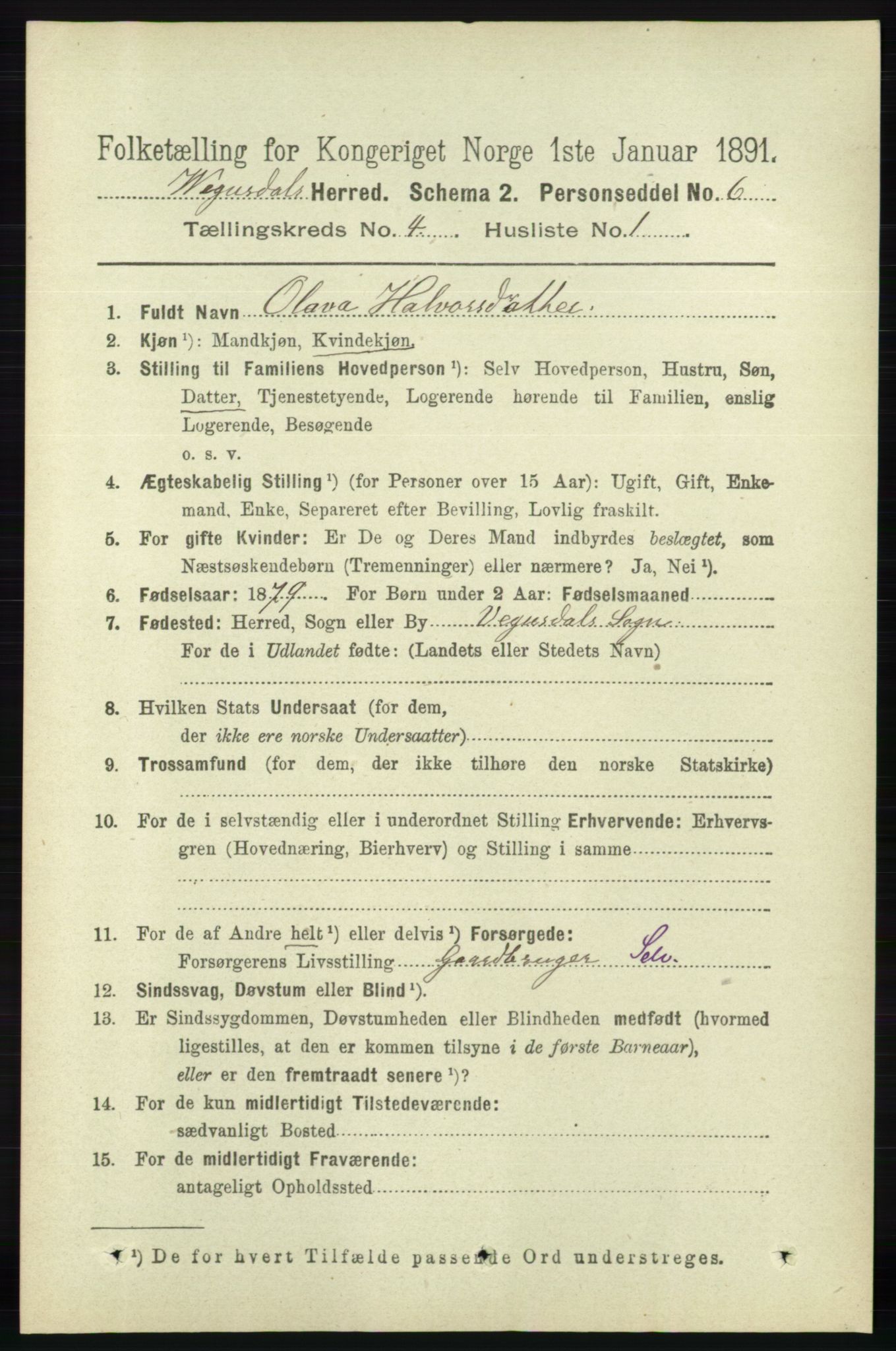 RA, 1891 census for 0934 Vegusdal, 1891, p. 716