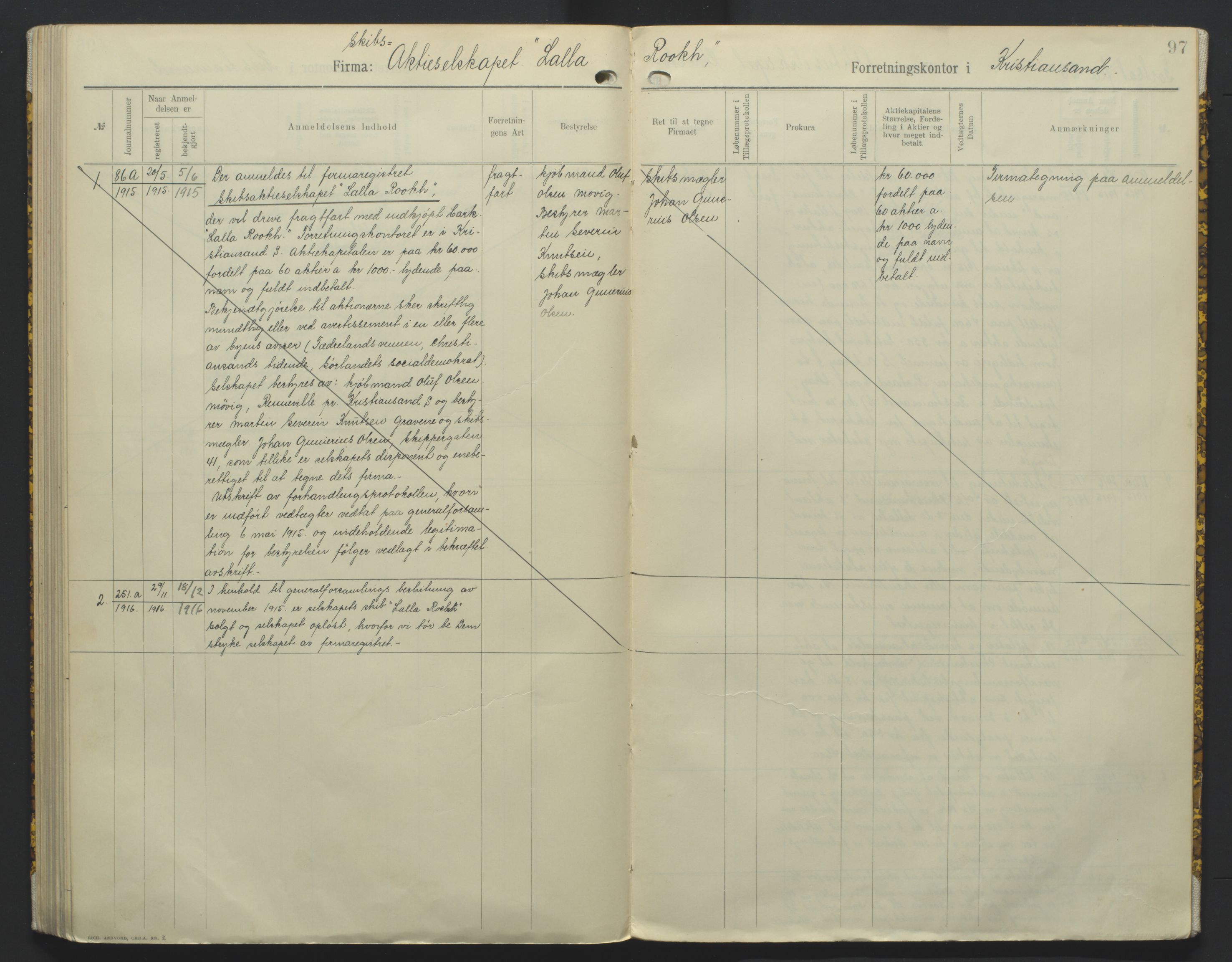 Kristiansand byrett, AV/SAK-1223-0001/K/Kb/L0010: Handelsregister B III, 1907-1915, p. 97