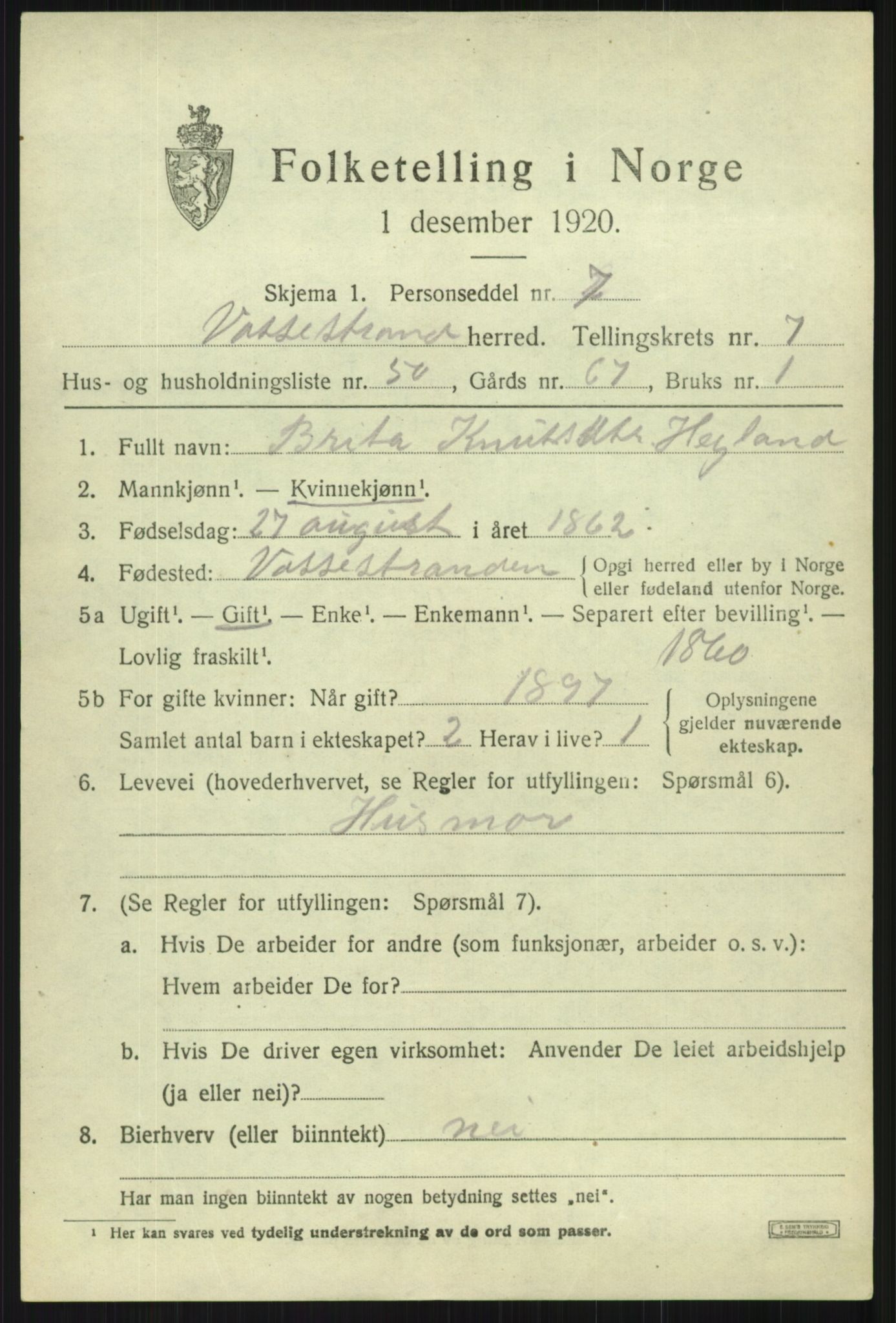 SAB, 1920 census for Vossestrand, 1920, p. 3510