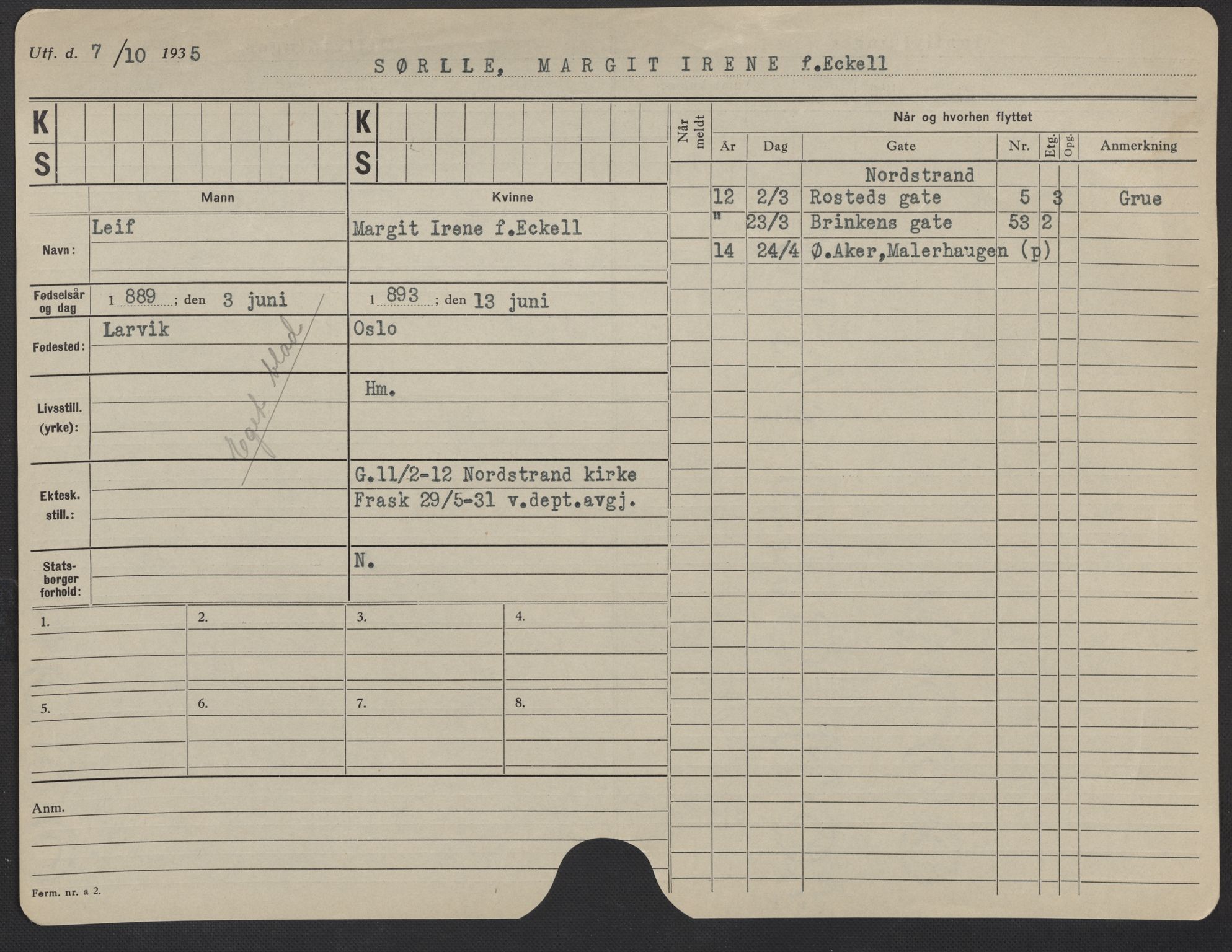 Oslo folkeregister, Registerkort, AV/SAO-A-11715/F/Fa/Fac/L0024: Kvinner, 1906-1914, p. 952a