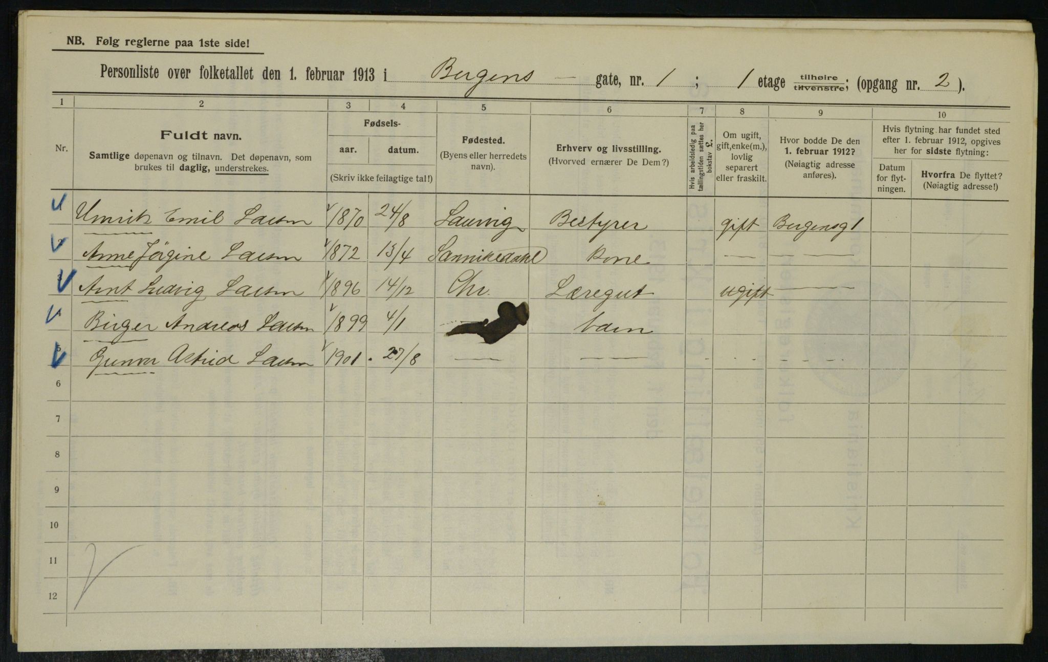 OBA, Municipal Census 1913 for Kristiania, 1913, p. 3540