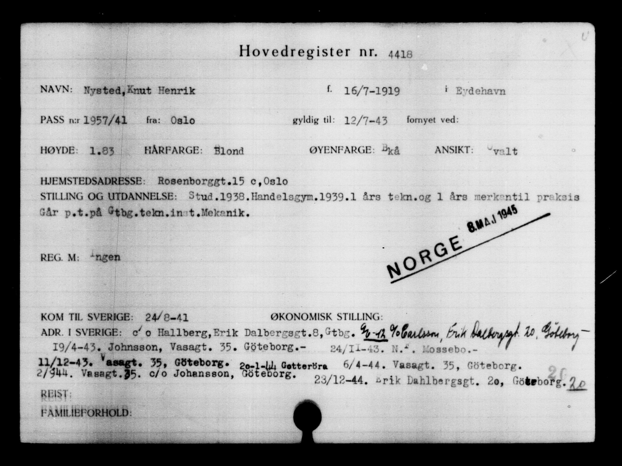 Utenriksstasjonene, Legasjonen i Stockholm, Flyktningkontoret, AV/RA-S-6753/V/Va/L0004: Kjesäterkartoteket, flyktninger med registreringsnr. 3496-6610, 1940-1945, p. 1119