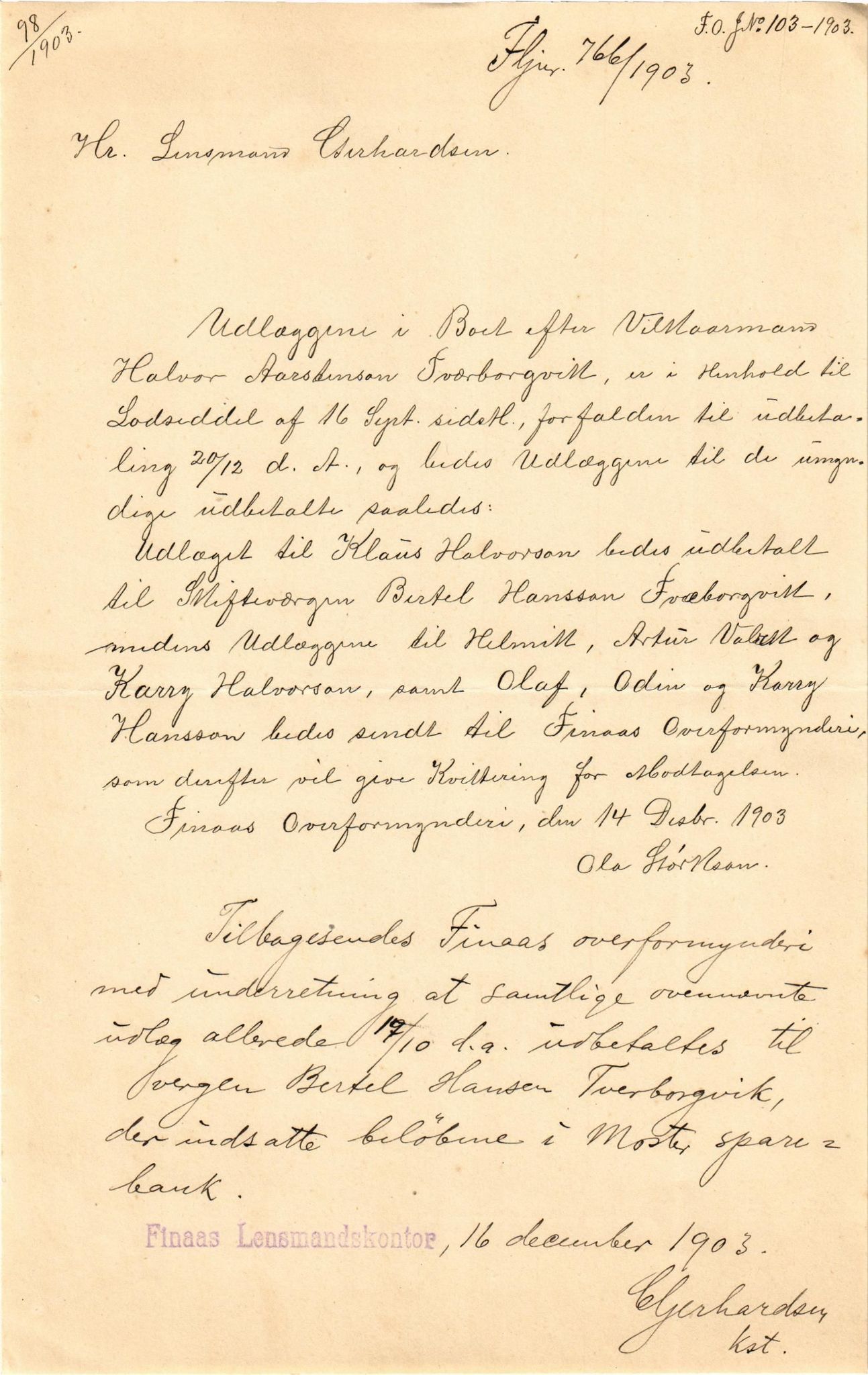 Finnaas kommune. Overformynderiet, IKAH/1218a-812/D/Da/Daa/L0002/0002: Kronologisk ordna korrespondanse / Kronologisk ordna korrespondanse, 1901-1904, p. 152