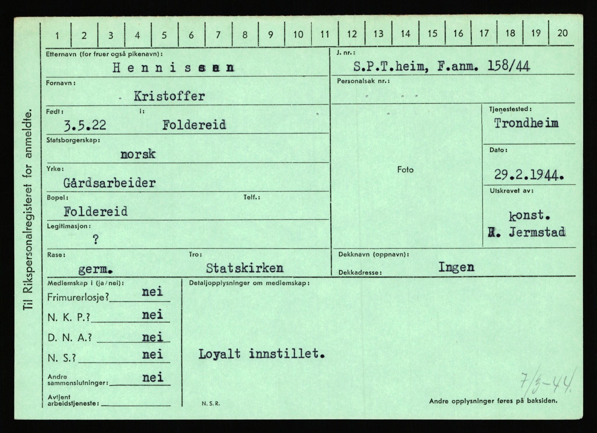 Statspolitiet - Hovedkontoret / Osloavdelingen, AV/RA-S-1329/C/Ca/L0006: Hanche - Hokstvedt, 1943-1945, p. 3585