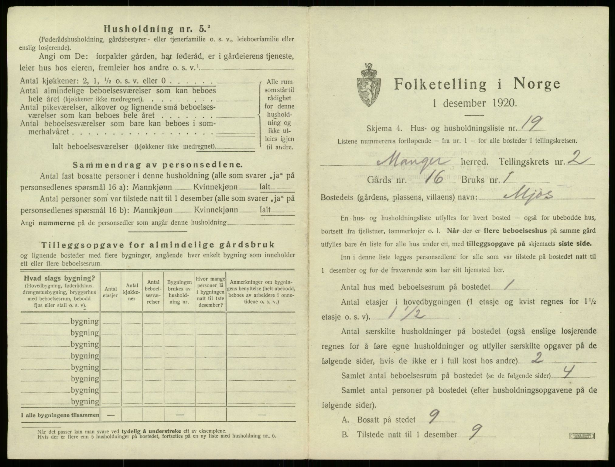 SAB, 1920 census for Manger, 1920, p. 171